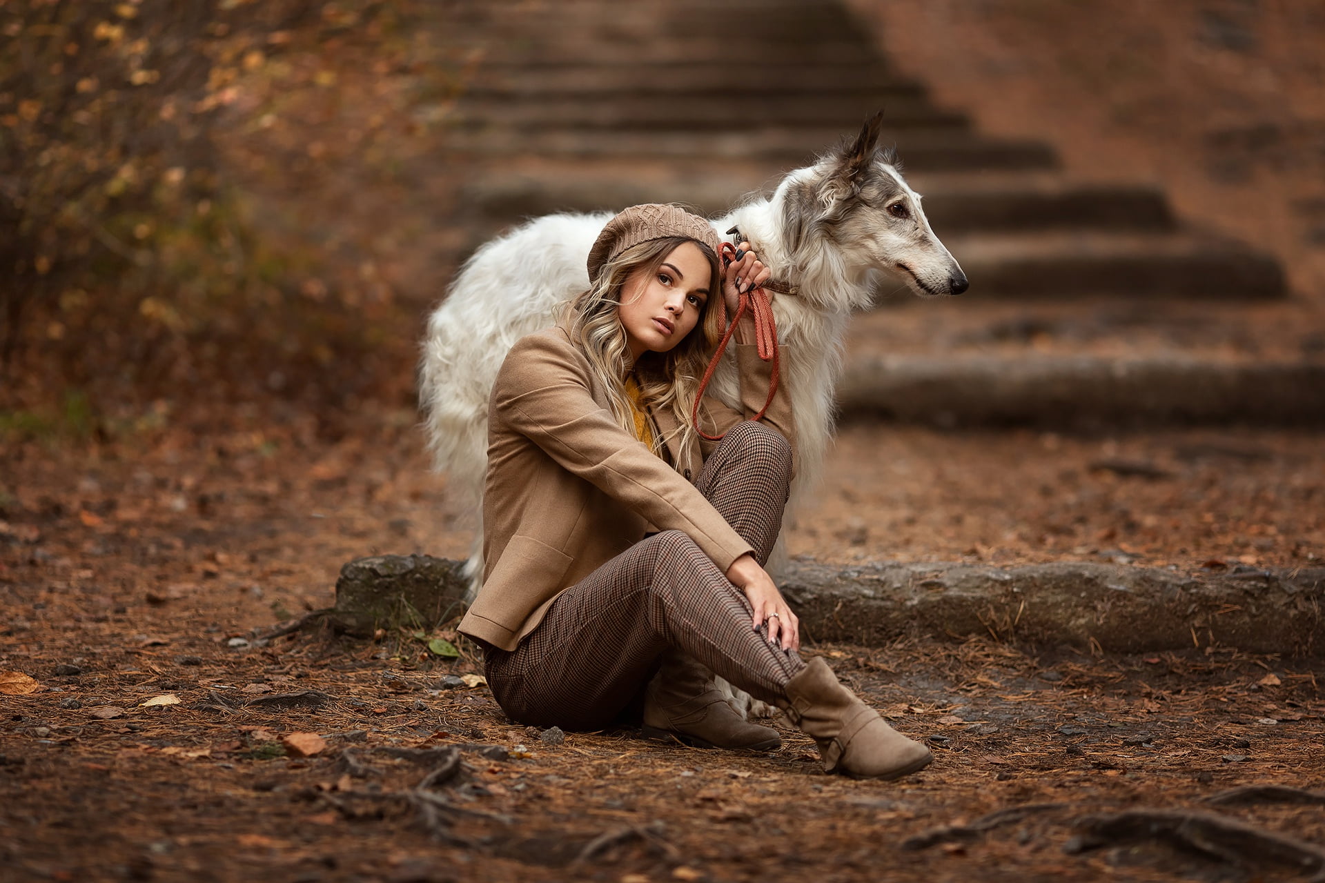 autumn, girl, pose, dog, Anastasia Barmina