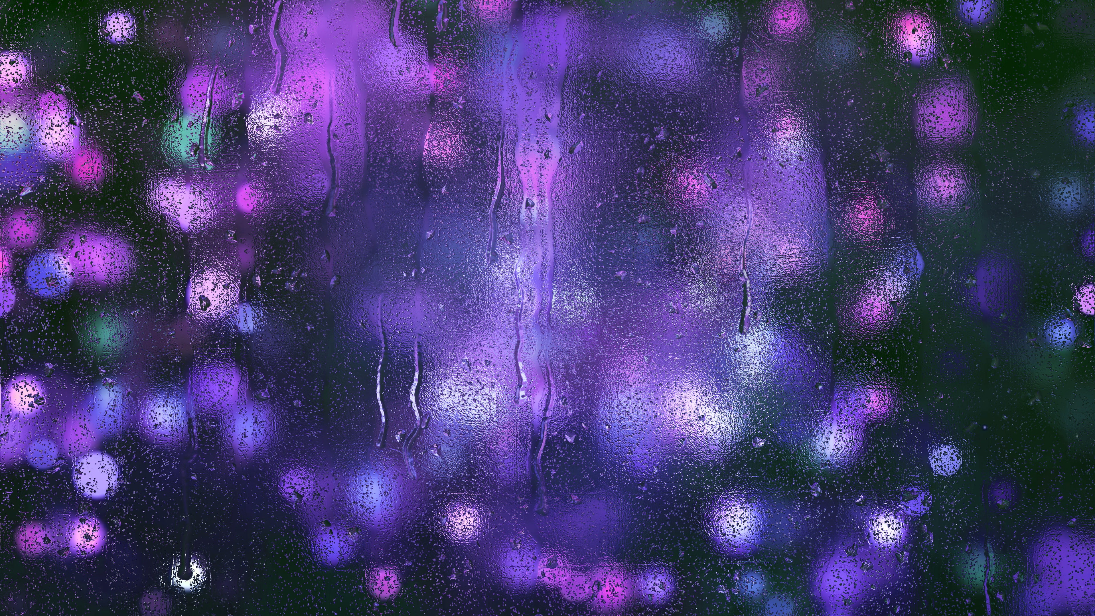 purple curtain, Purple lights, Rain drops, Bokeh, Blurred, 4K