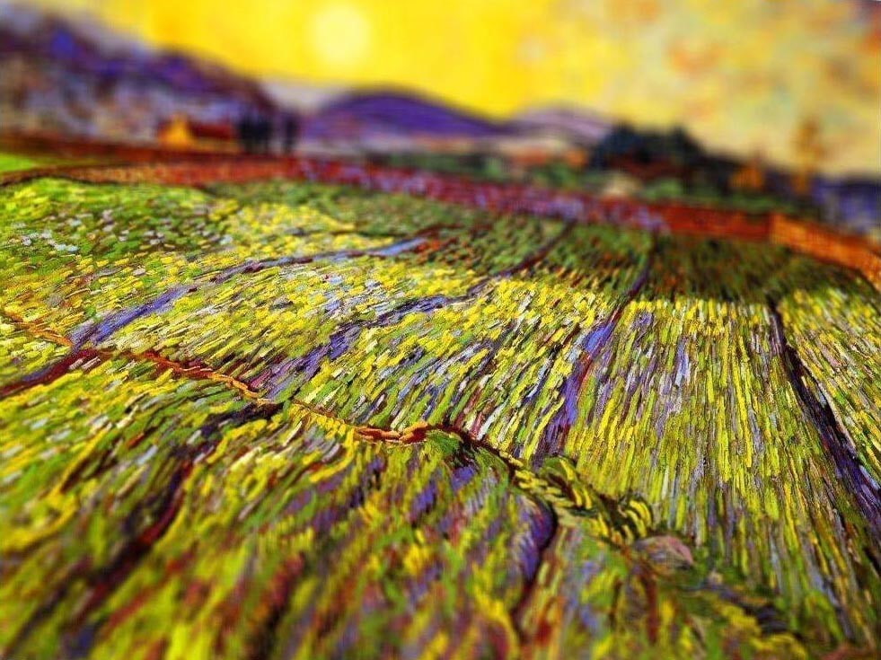 vincent van gogh tiltshift typical painting artworf field, multi colored