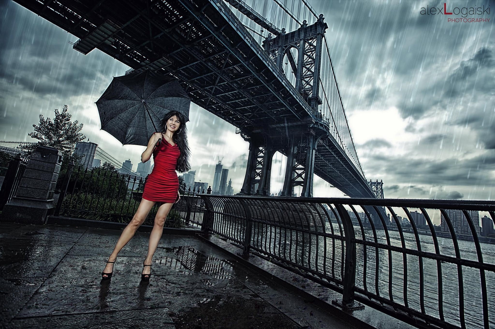 women, model, brunette, red dress, high heels, umbrella, rain