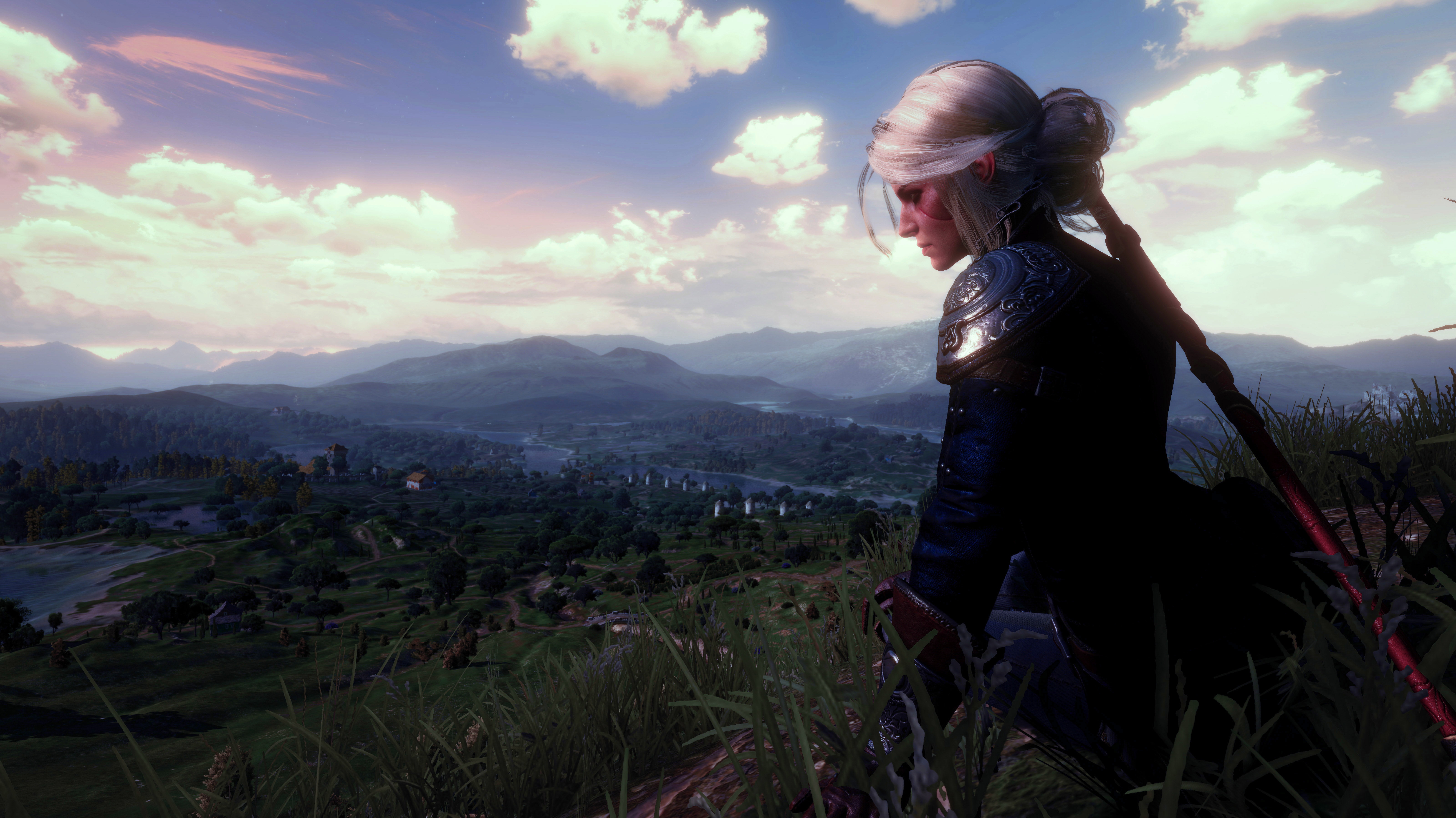 The Witcher 3: Wild Hunt, sword, mountains, grass, video games