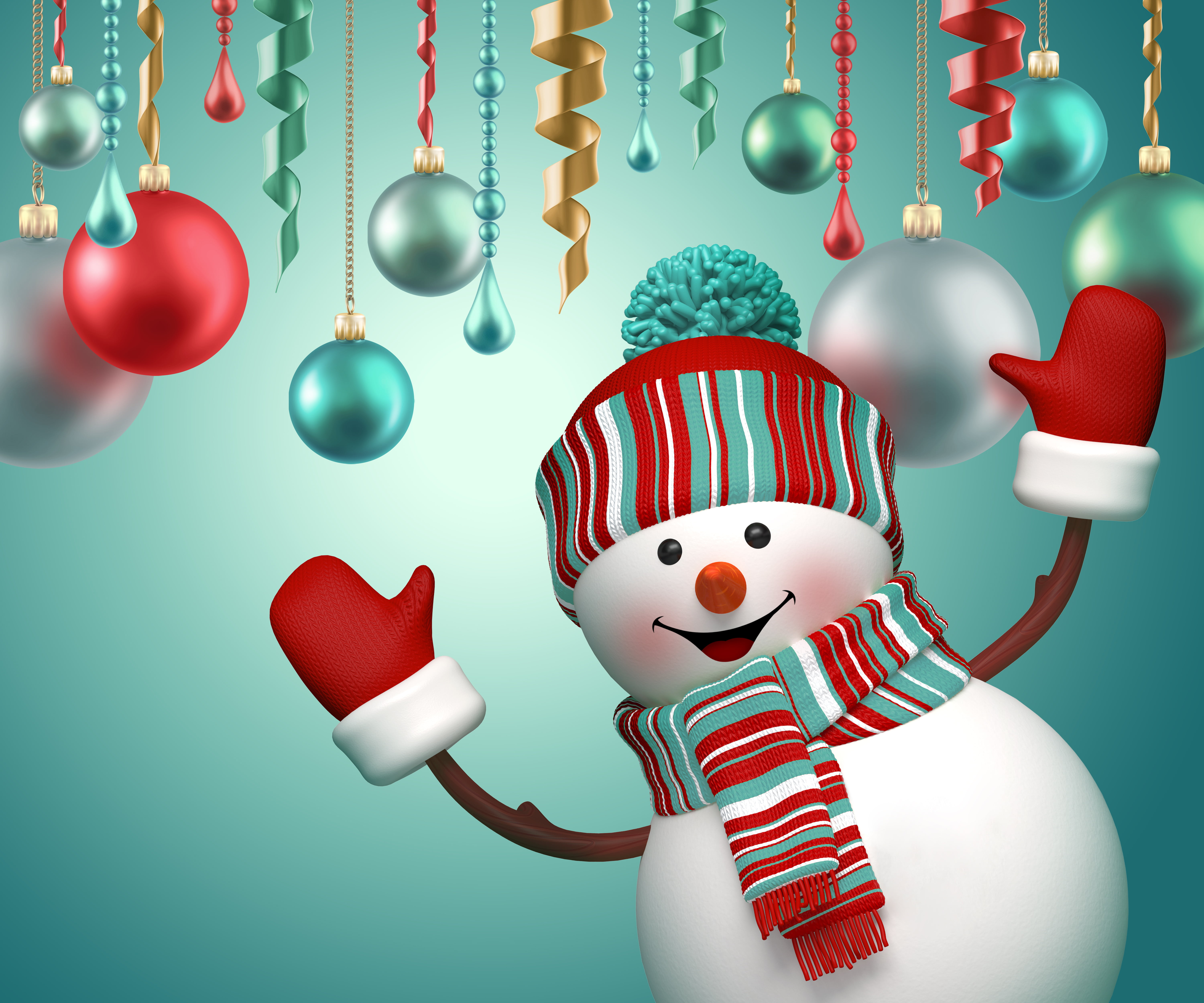 white snowman illustration, balls, New Year, Christmas, cute