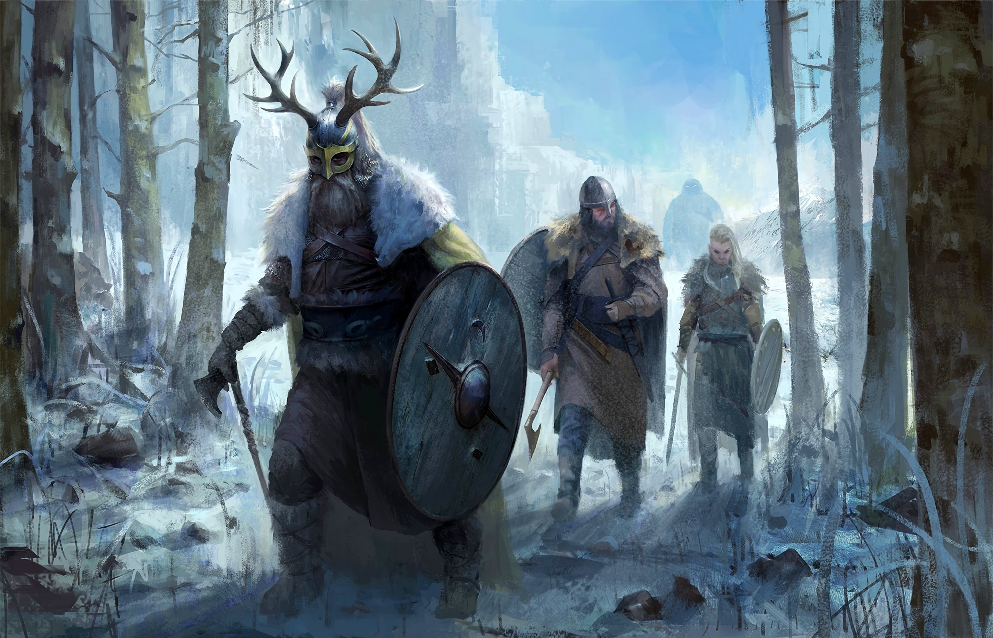 Trees, Snow, Helmet, Shield, The Vikings, Battle axe