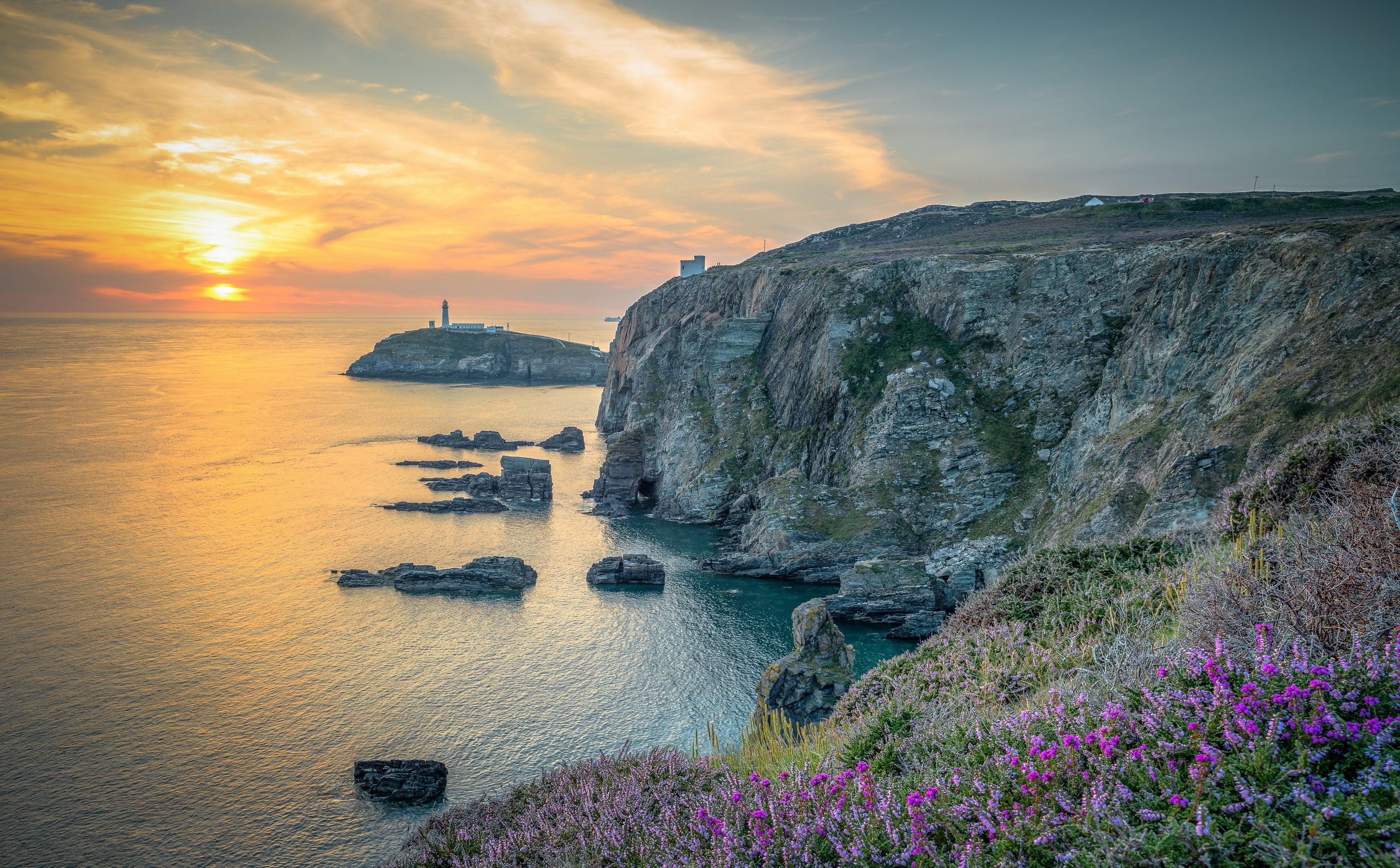 lighthouse, England, North Wales, rock. sunset, sky, water