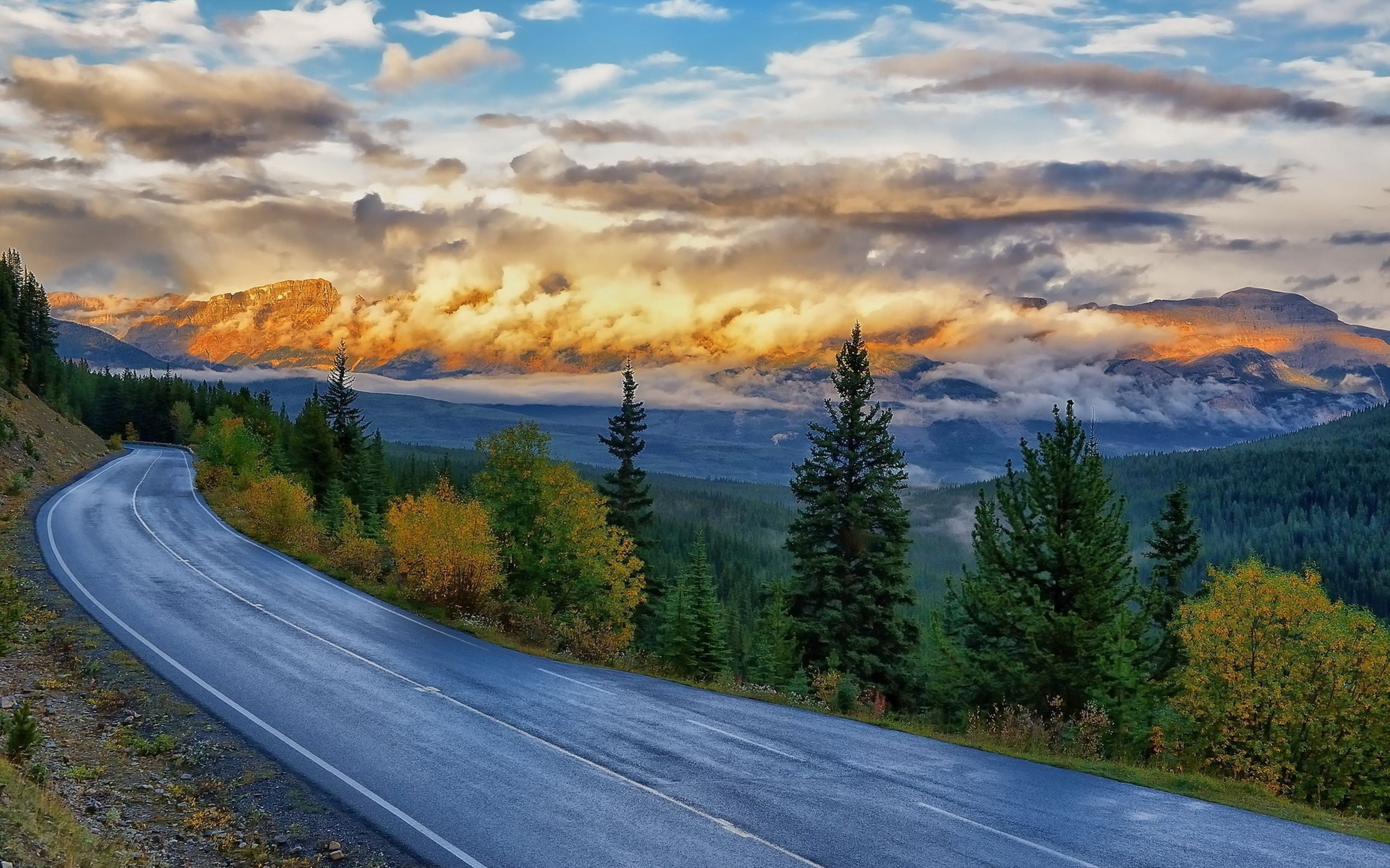 white clouds, road, streamers, trees, nature, mountain, landscape