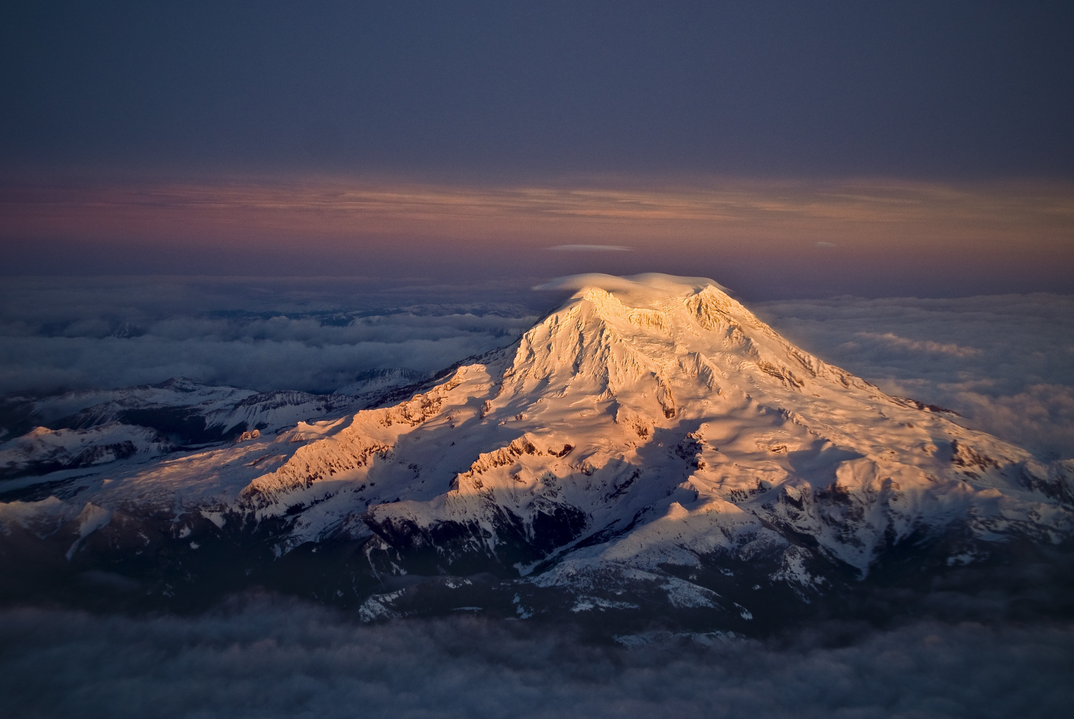 dusk, mountains, Mount Rainier, aerial view