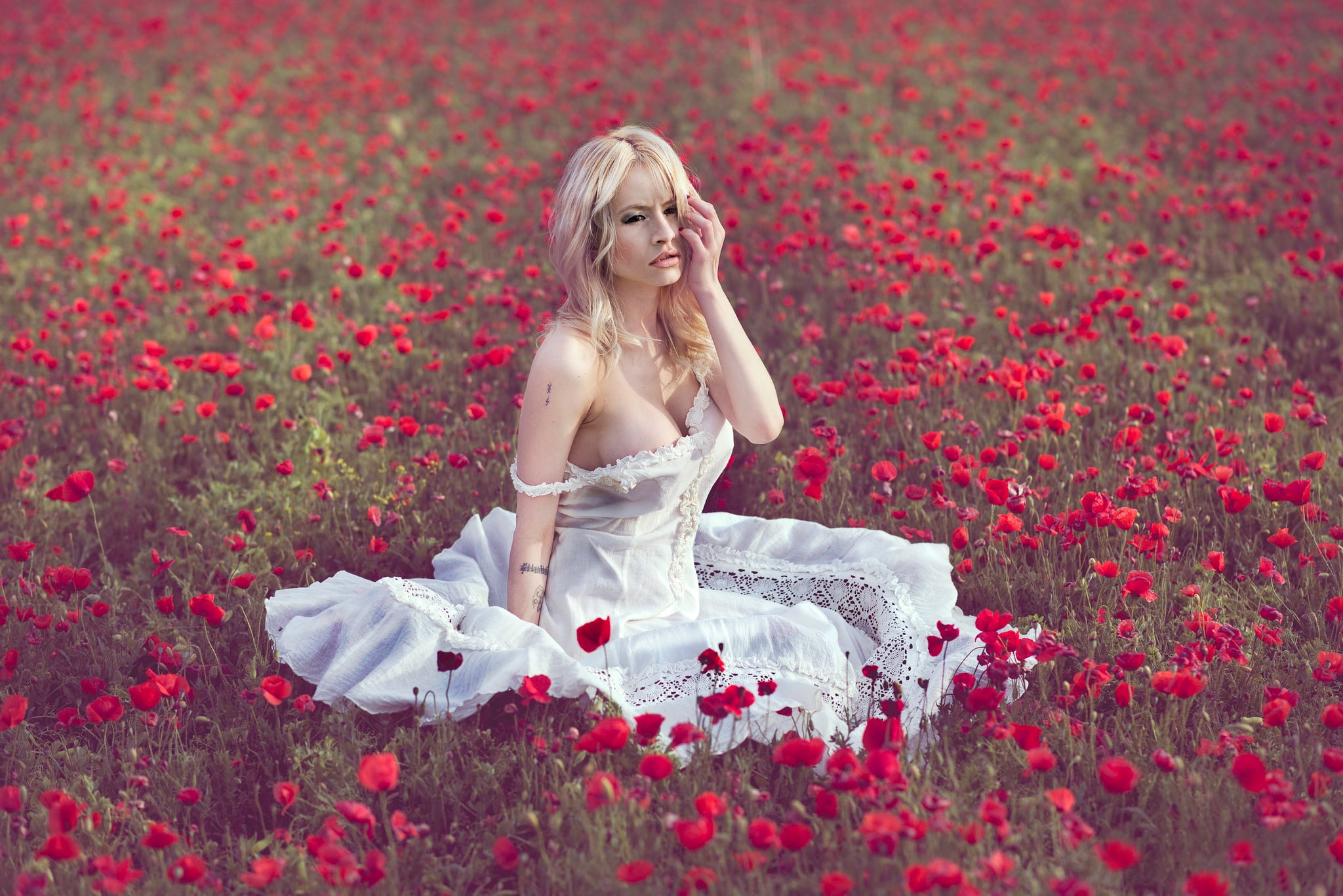 field, girl, flowers, mood, Maki, dress, meadow, Vanessa Galway