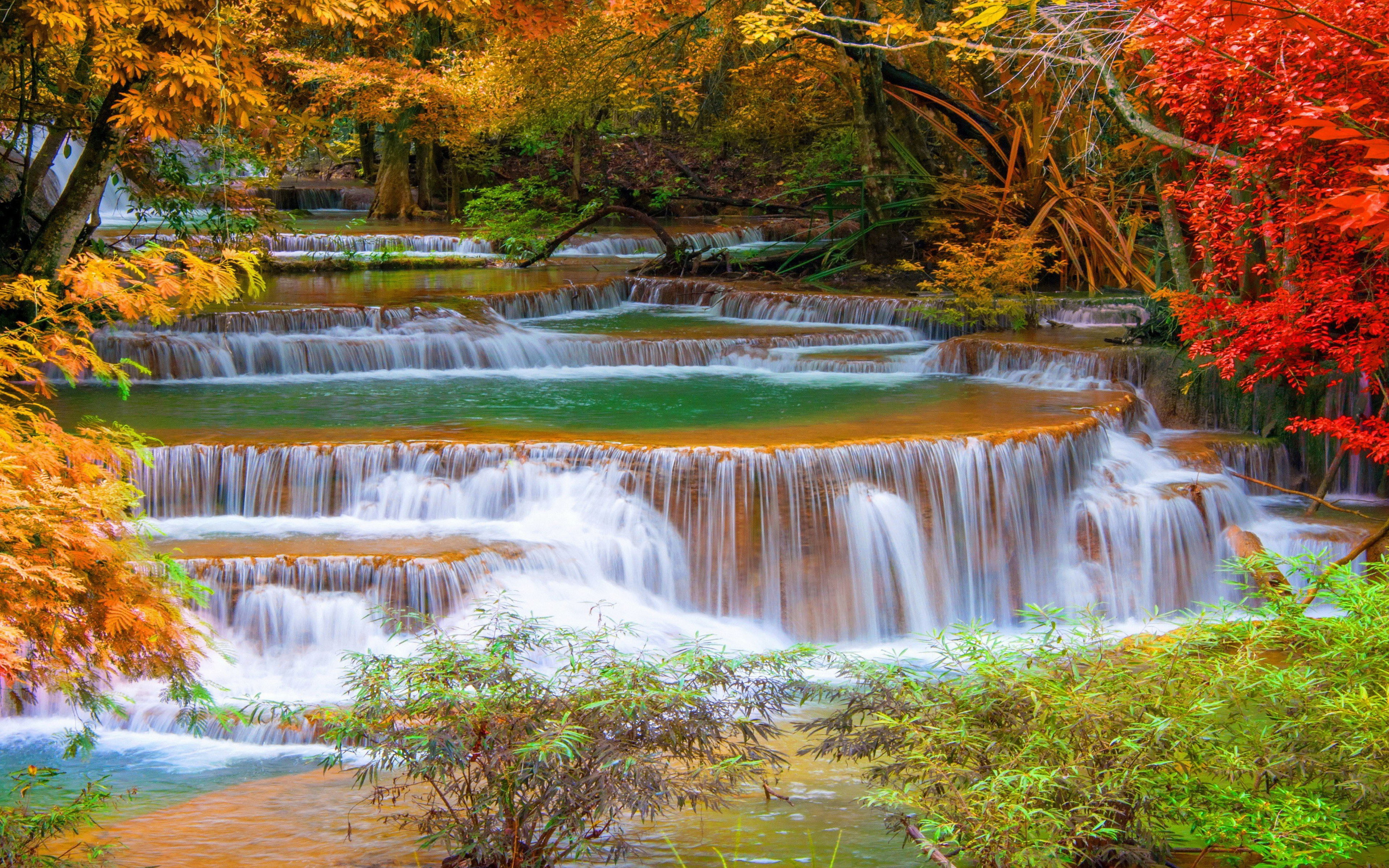Thailand-Kanchanaburi-cascade waterfall in autumn-trees with autumn red and yellow leaves-Desktop HD Wallpapers for mobile phones and computer-3840×2400