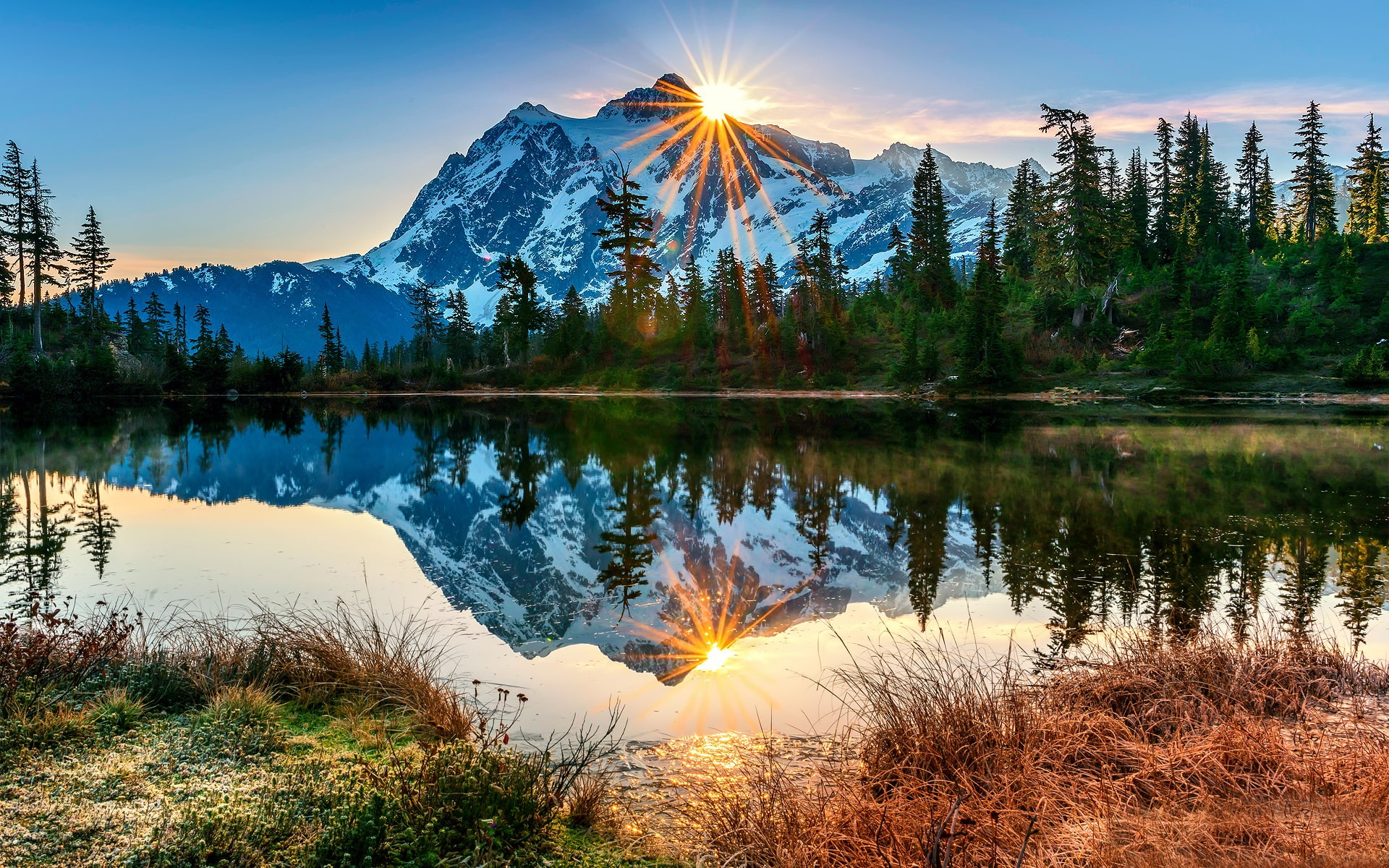 USA, Washington, Mount Baker volcano, lake, reflection, morning, sunrise, forest, green leaf tree lot