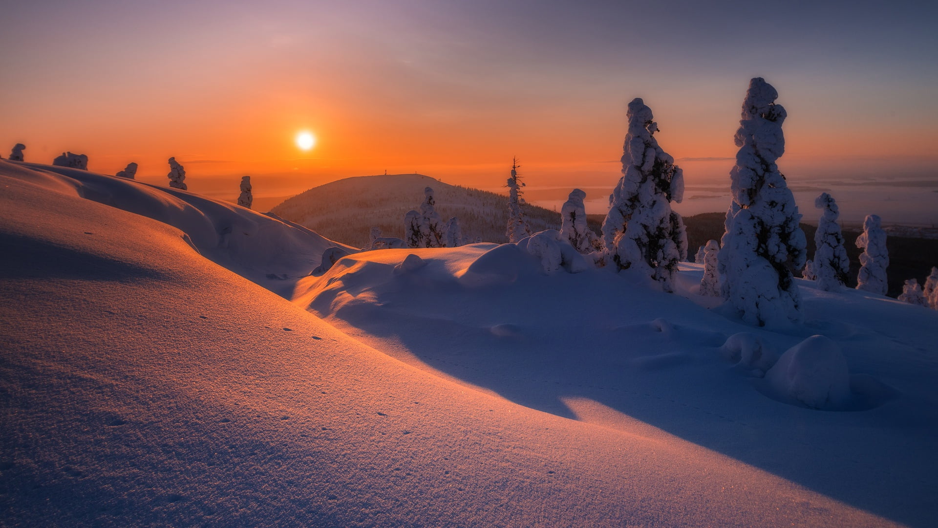 winter, snow, trees, sunset, mountain, the snow, Russia, Murmansk oblast