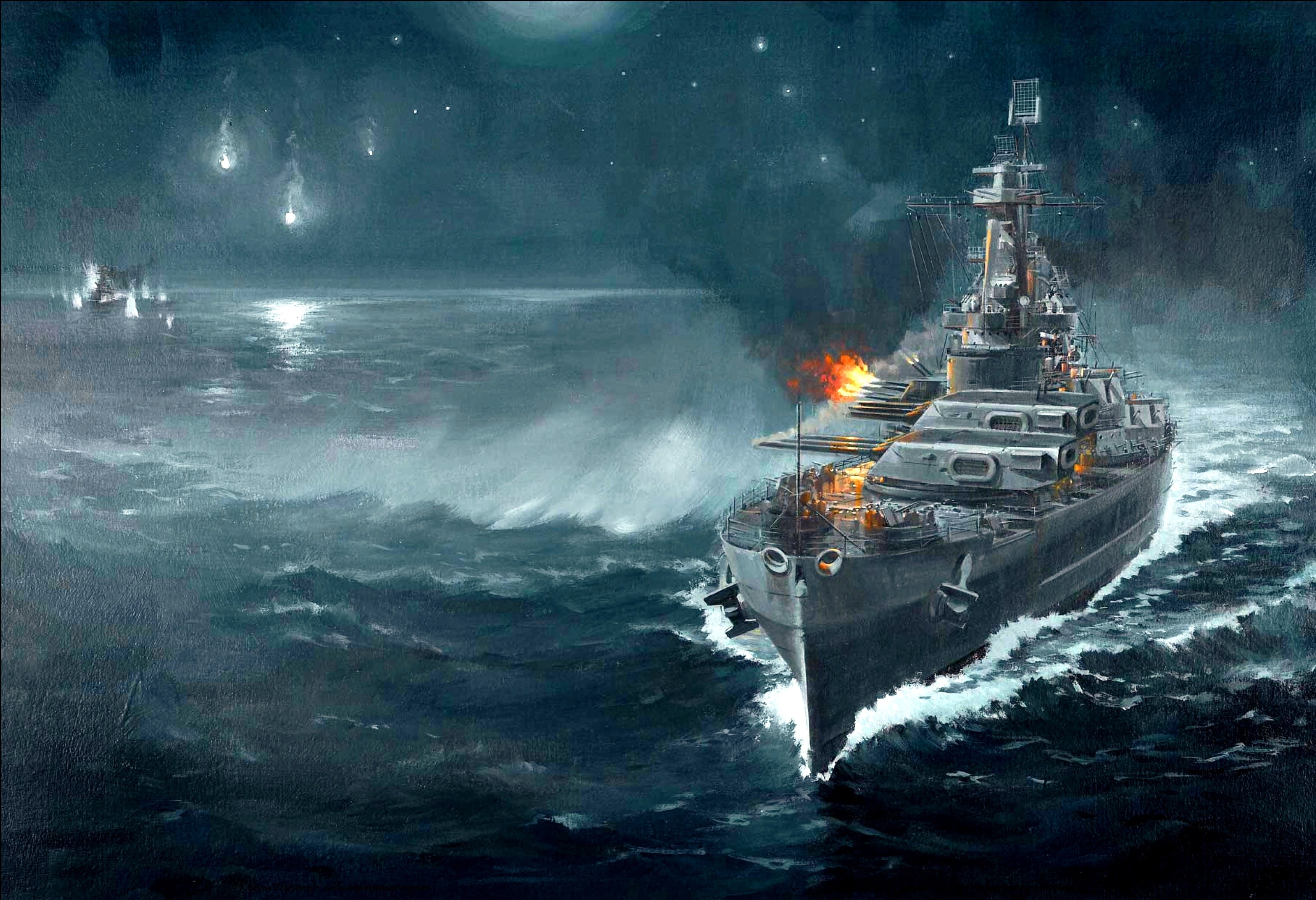 black warship wallpaper, night, figure, art, cruiser, Japanese