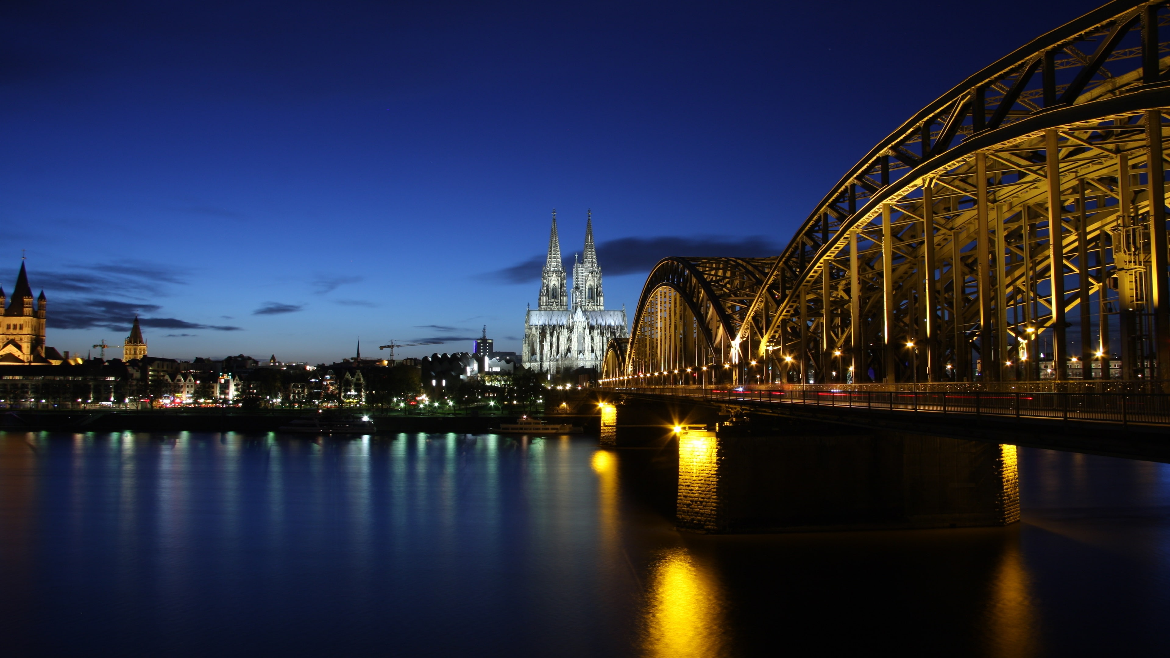Germany, Cologne, evening, river Rhine, bridge, lights, buildings