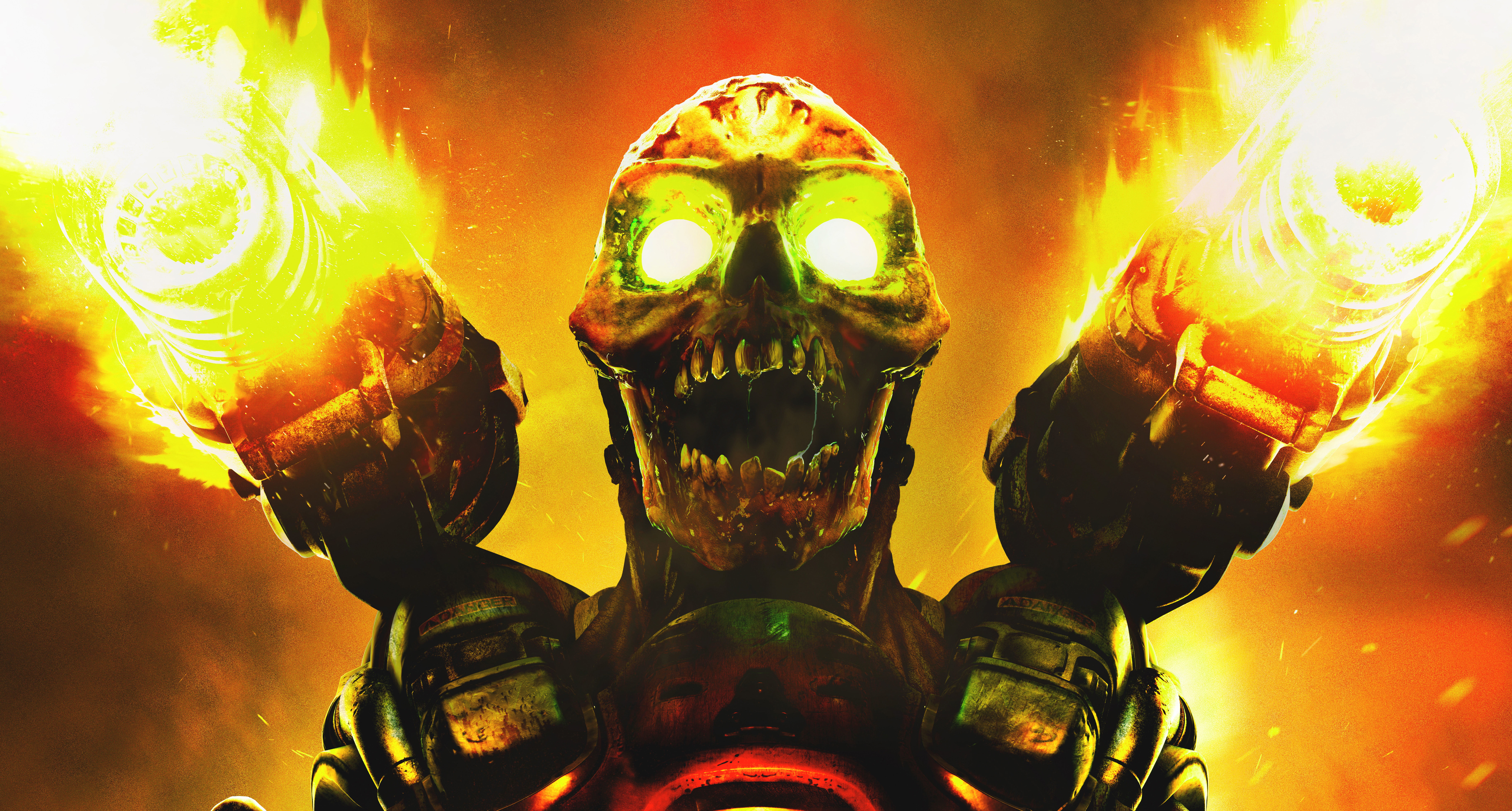 2016 Doom Revenant wallpaper, fire, skull, monster, gun, teeth
