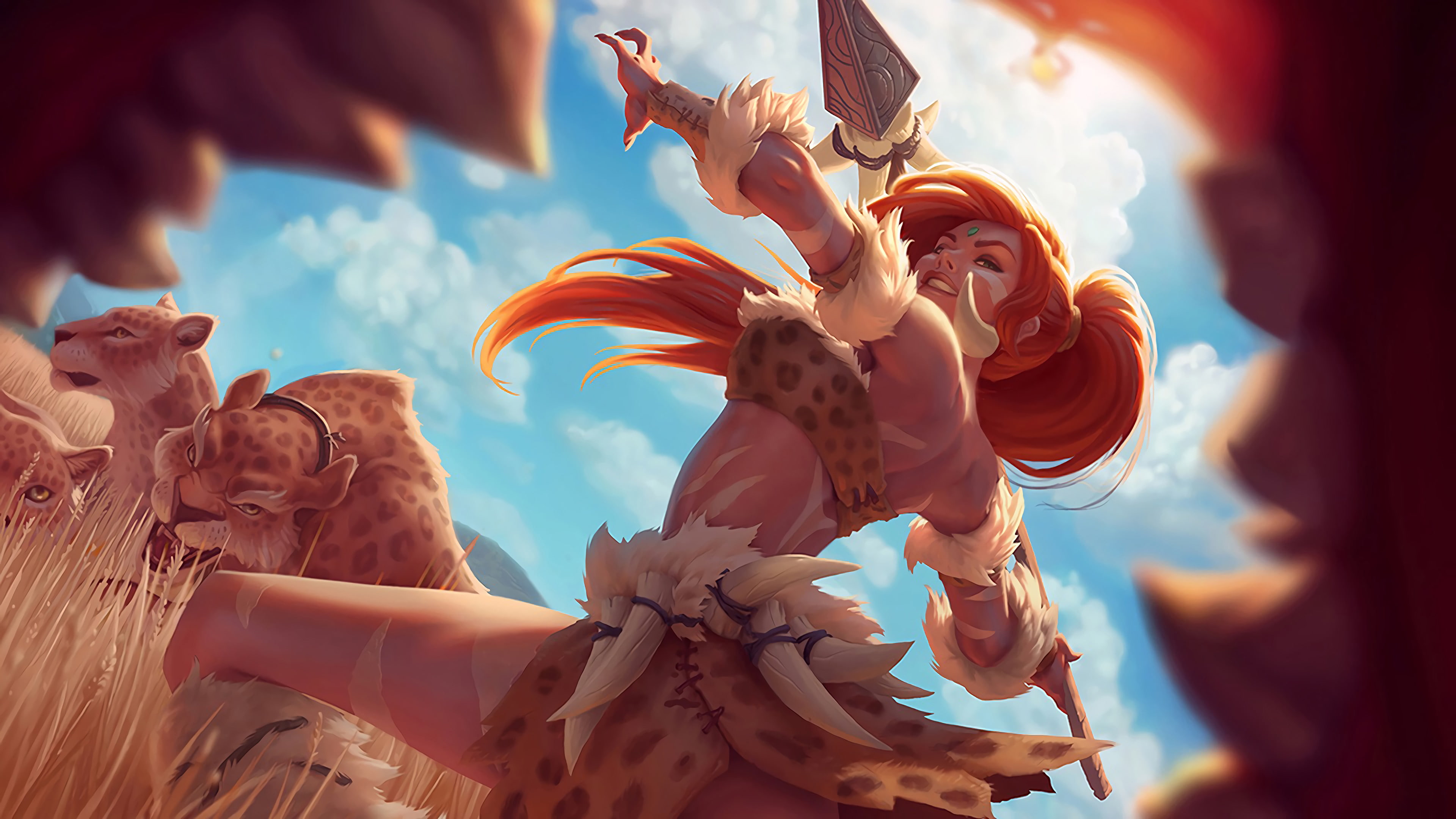 girl, art, hunting, spear, leopards, League of Legends, savage