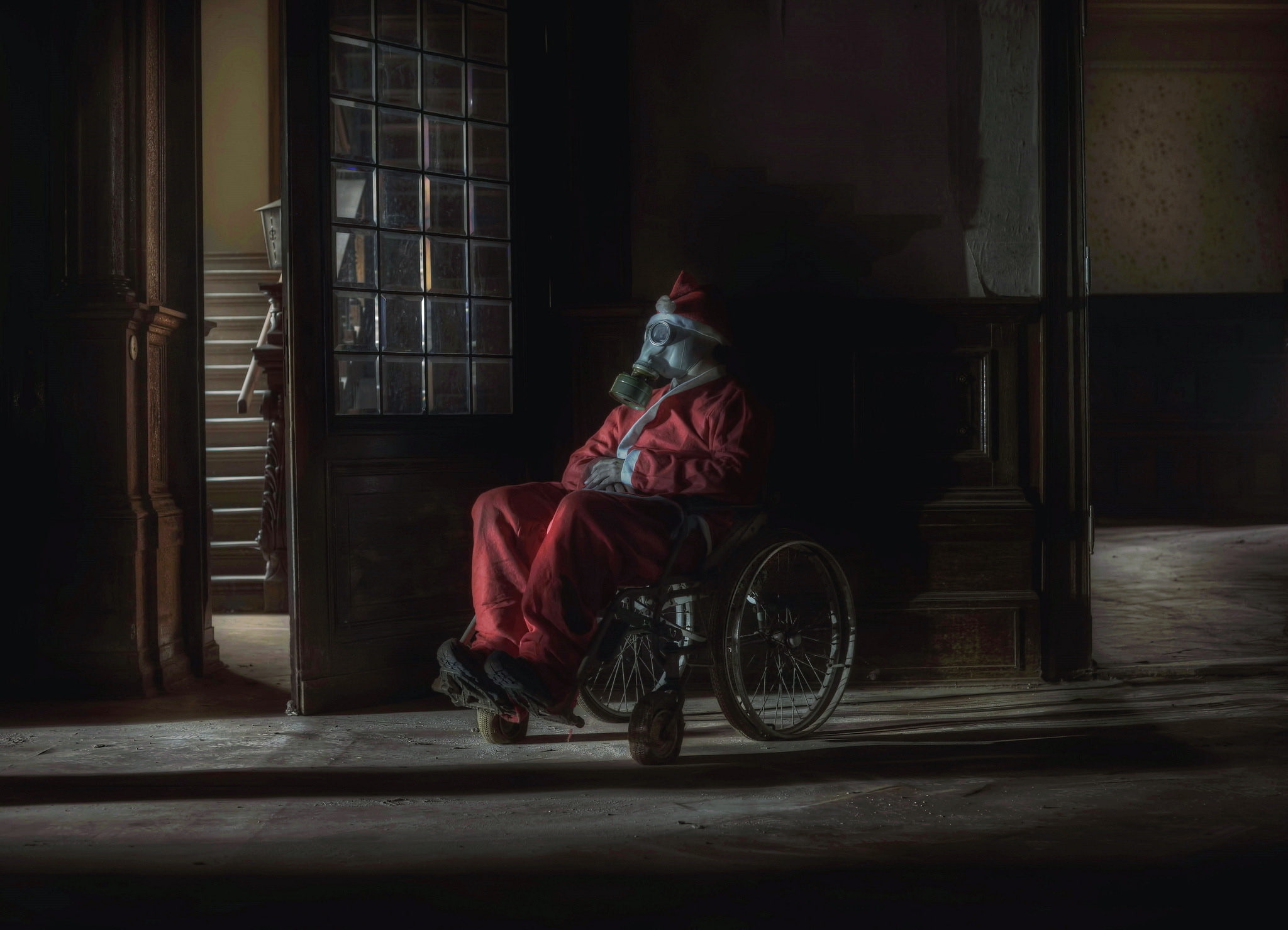 stroller, gas mask, Santa Claus