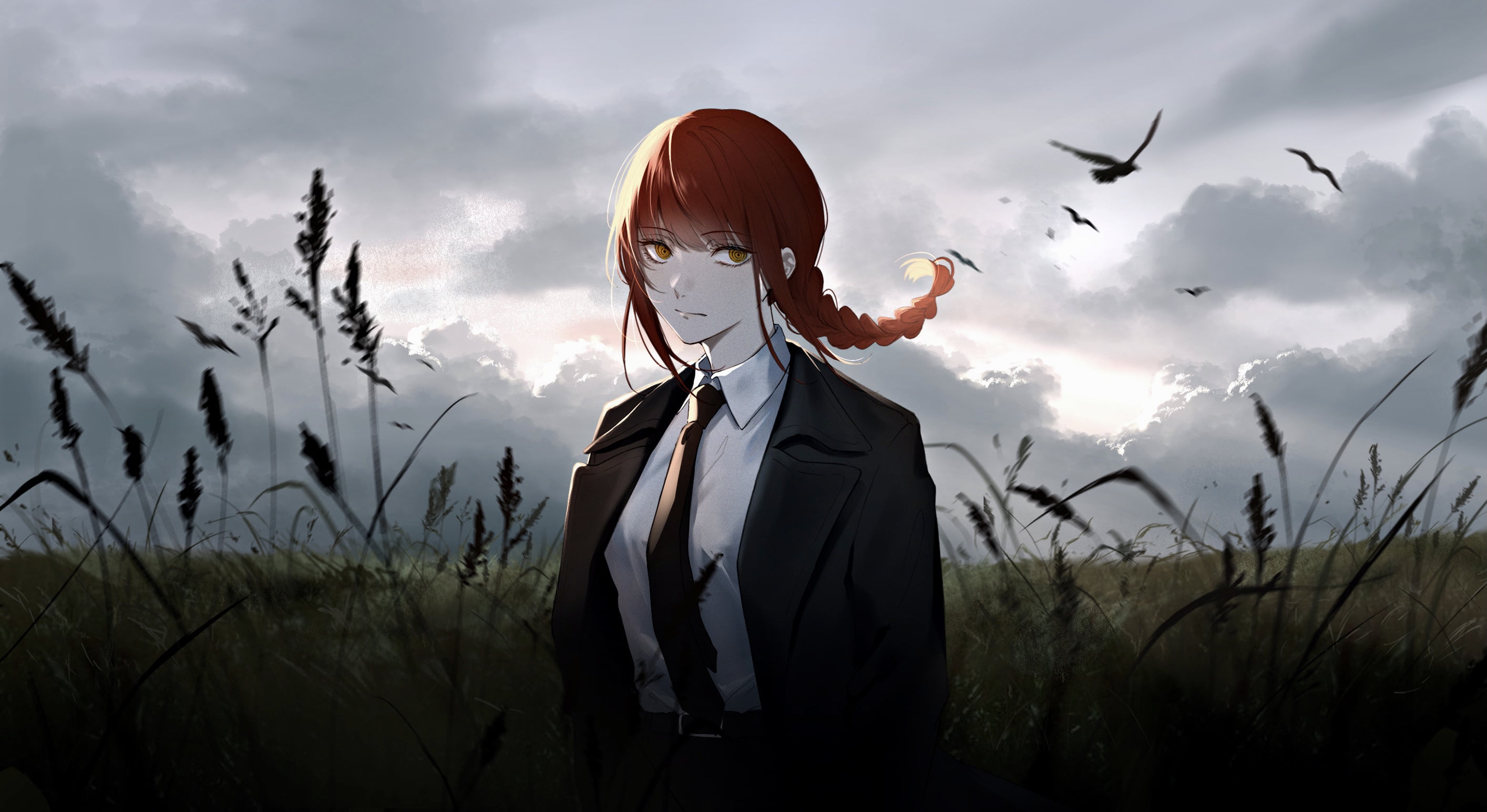 Makima (Chainsaw Man), birds, grass, suits, redhead, cloudy weather
