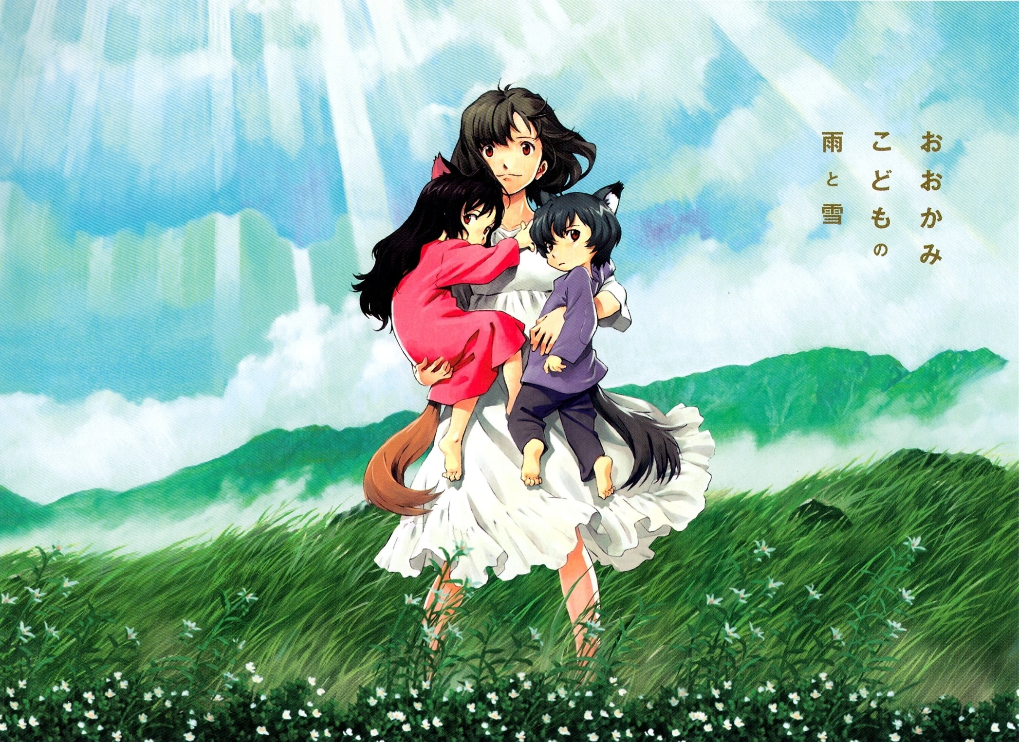 woman carrying to toddler's anime characters wallpaper, wolf children ame and yuki