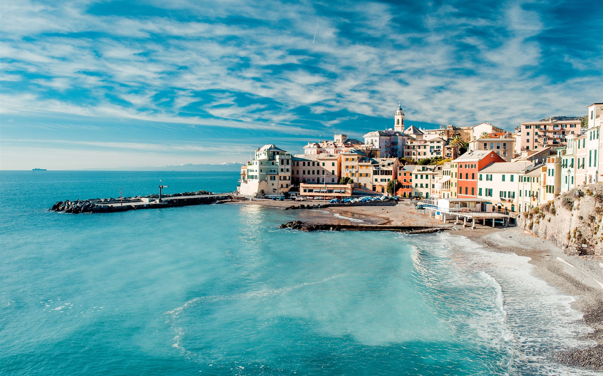 Italy, Cinque Terre, sea, shore, coast, pier, houses, sky, clouds