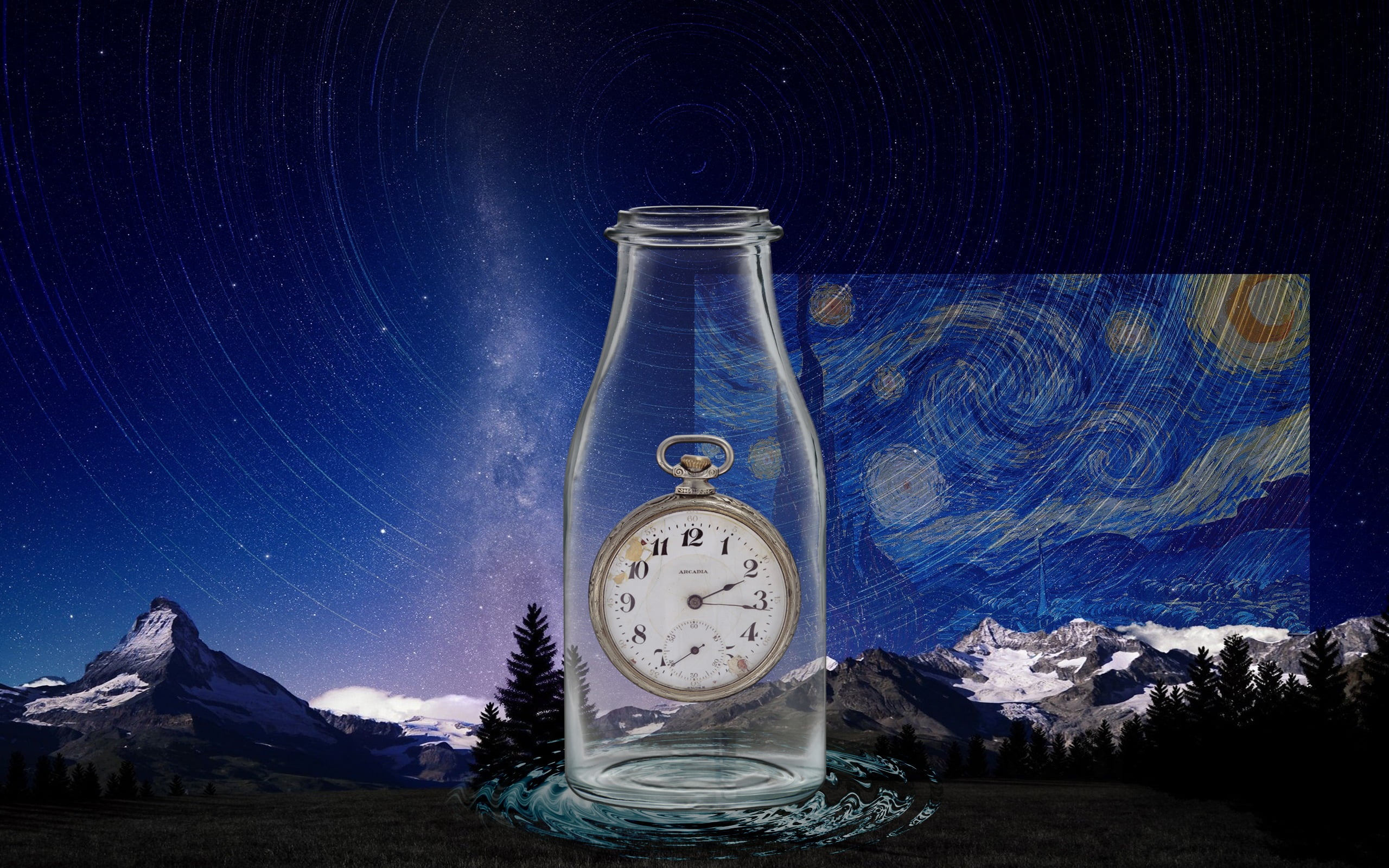 Vincent van Gogh, time in a bottle, pocketwatches, clock, star - space