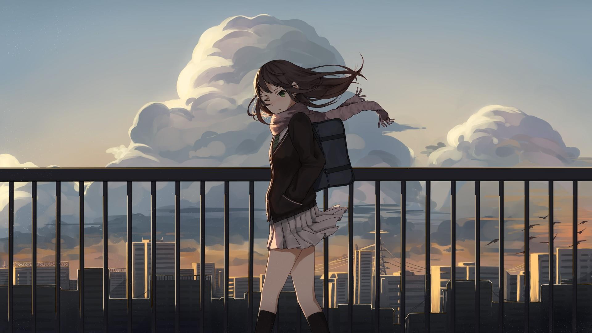 school girl, city, wind, cloud, pixiv, anime