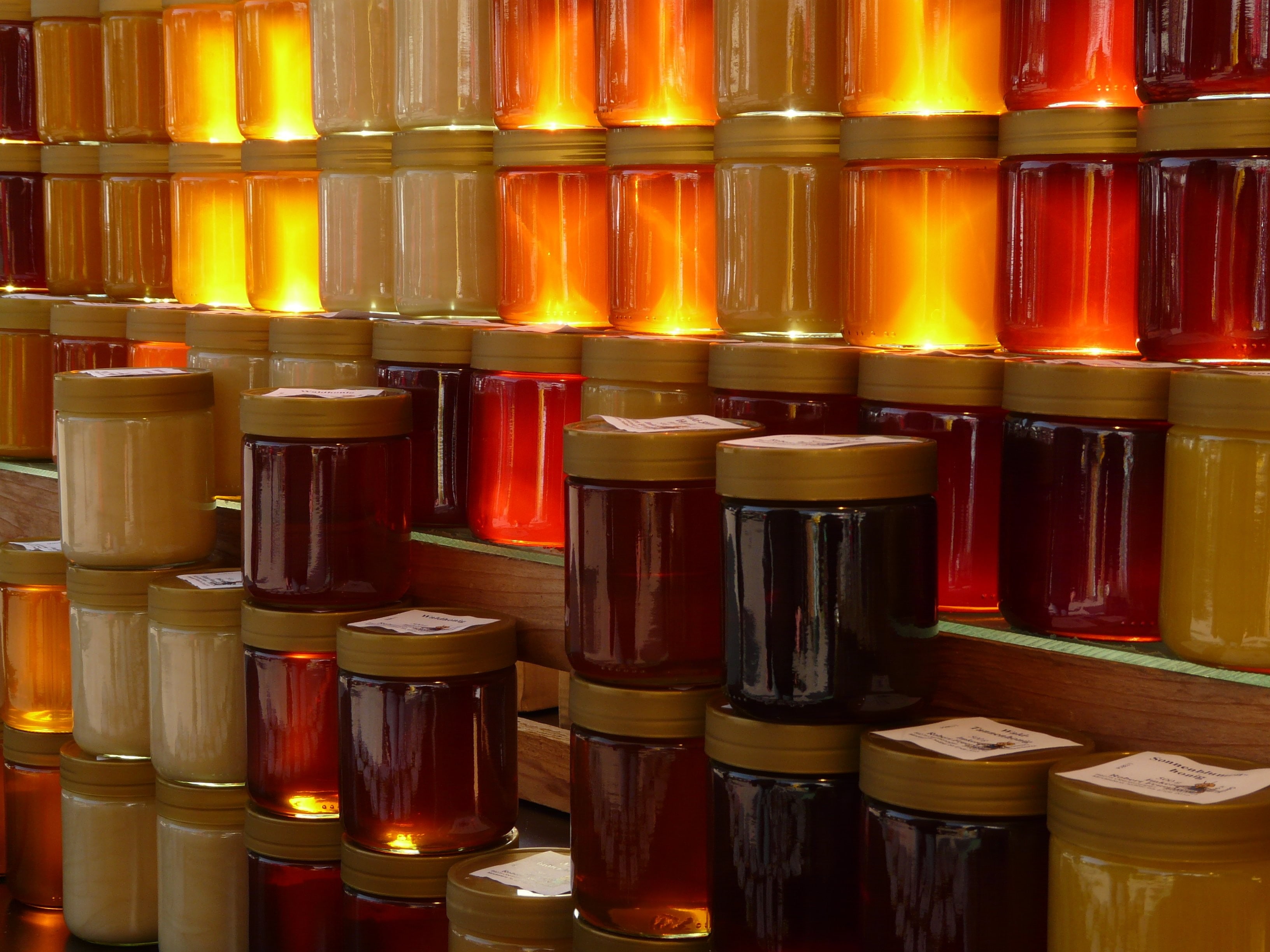 honey, food, in a row, indoors, shelf, no people, container