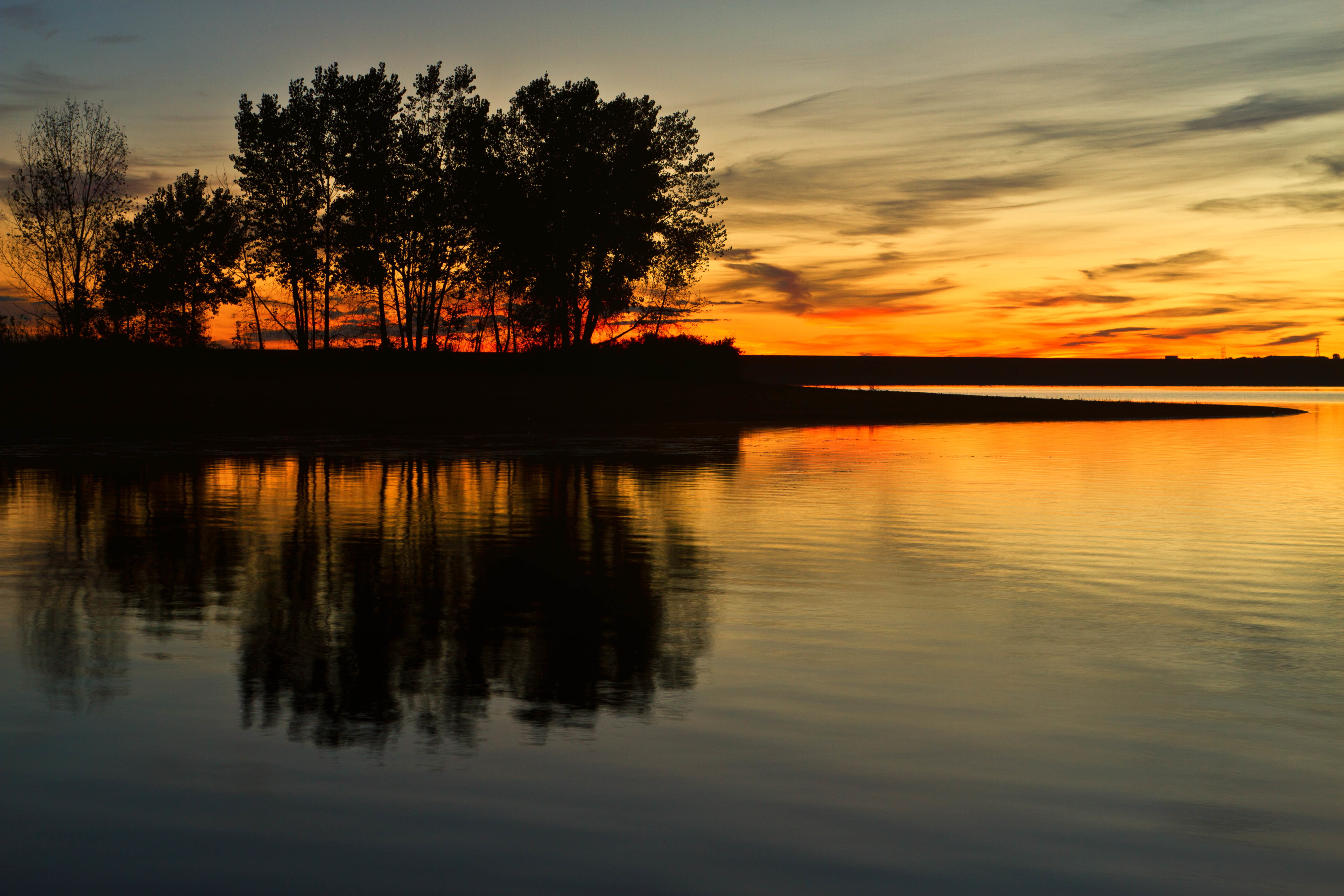 clouds, trees, lake, reflection, mirror, silhouette, twilight