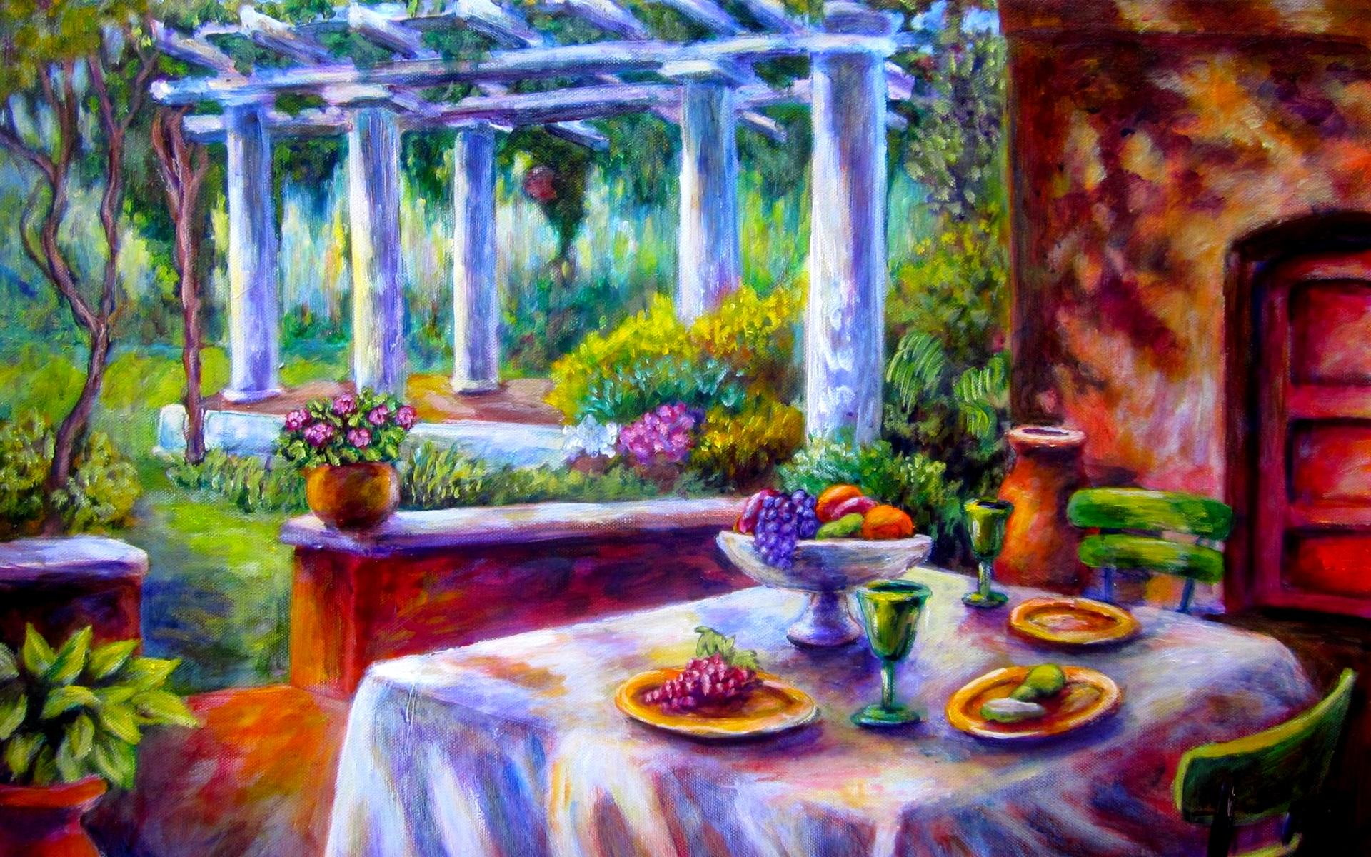 Leisure & Pleasure, fruits, chair, table, garden, painting