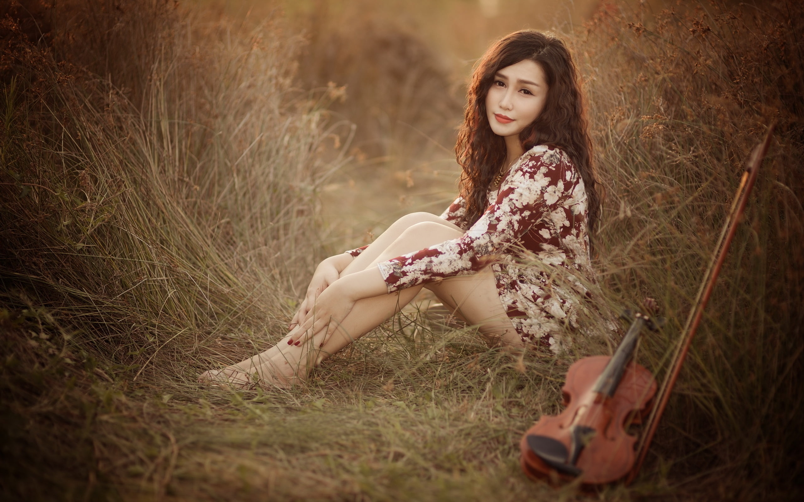 Asian girl, pose, look, violin, music