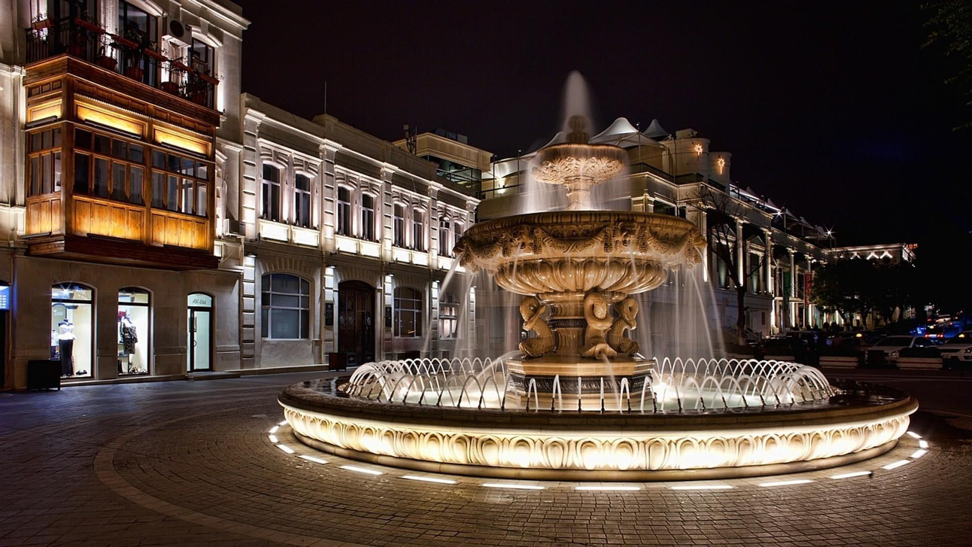 baku, azerbaijan, ancient, fountain, city, architecture, night