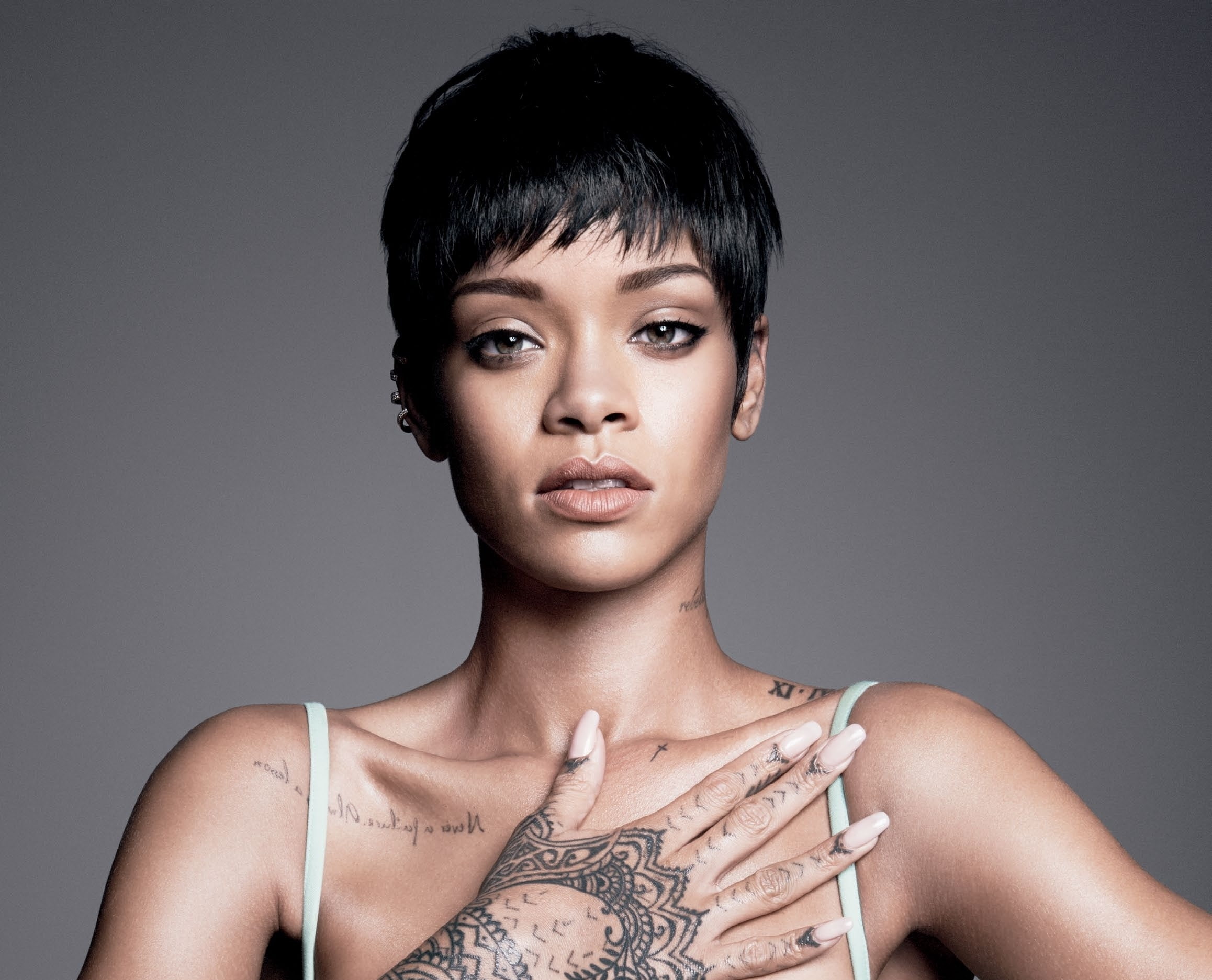 Rihanna, tattoo, singer, celebrity, portrait, headshot, studio shot