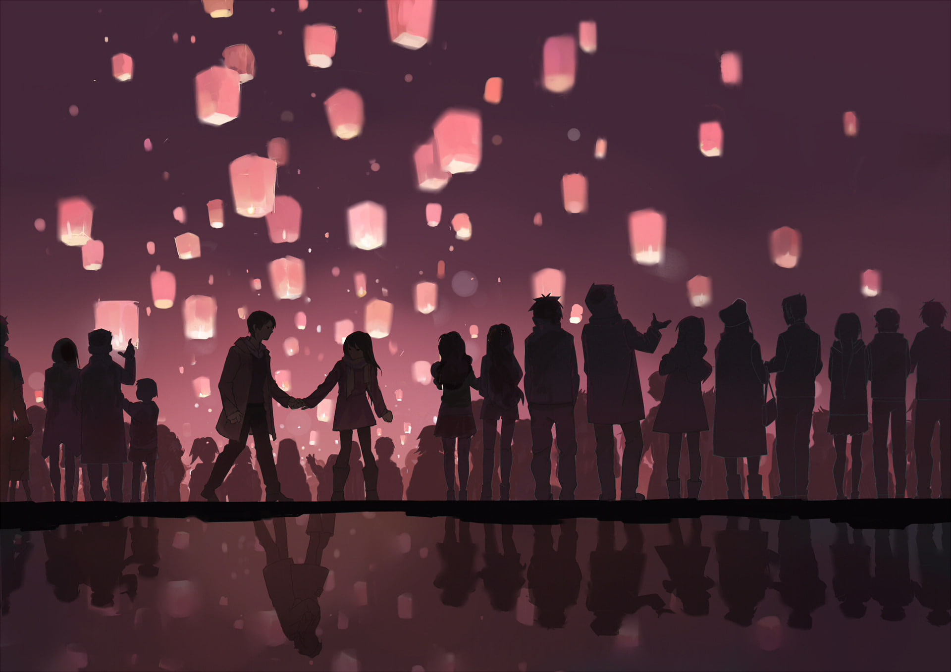 Anime, Original, group of people, crowd, event, night, celebration