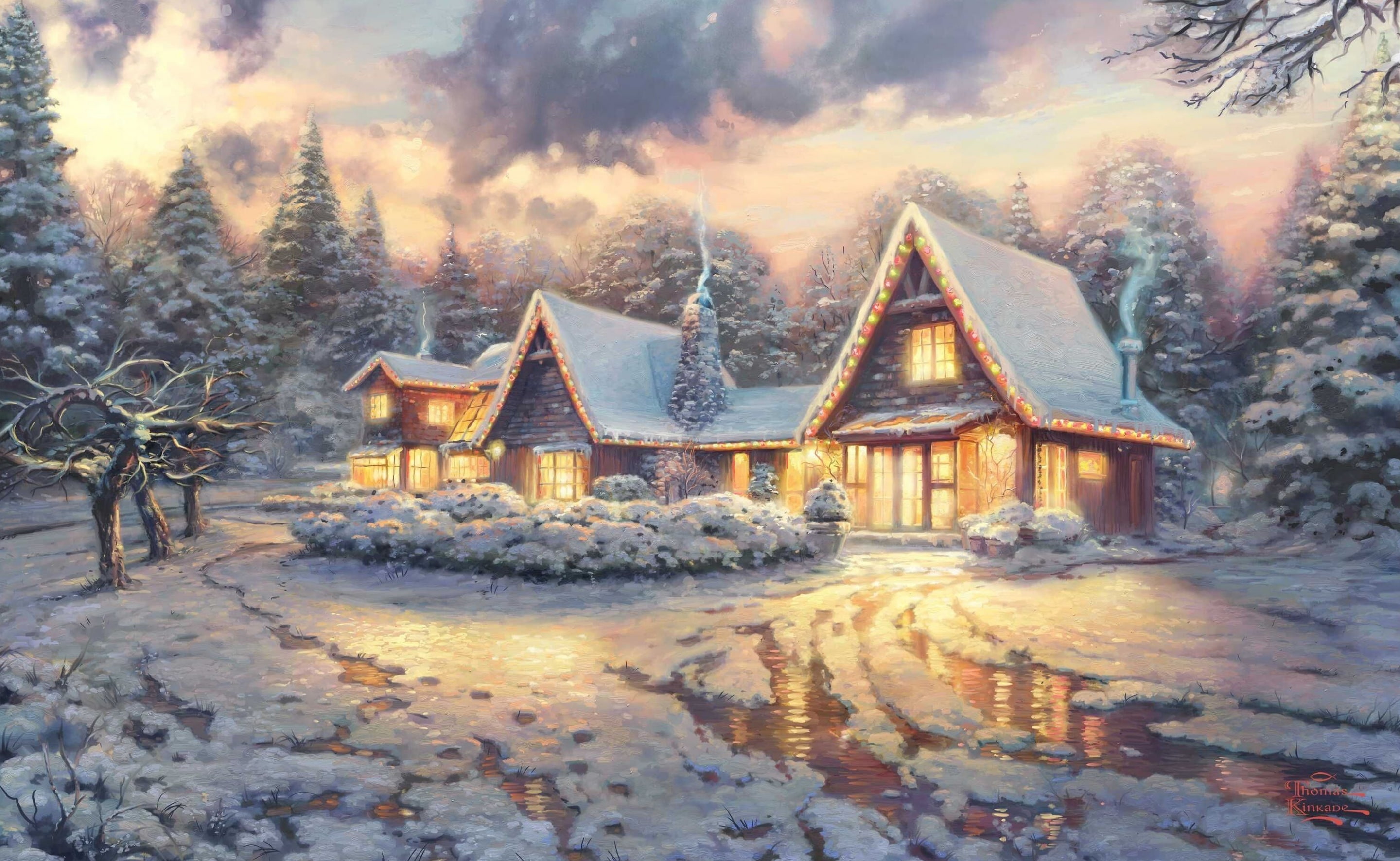 Christmas Lodge by Thomas Kinkade, gray house, Holidays, architecture