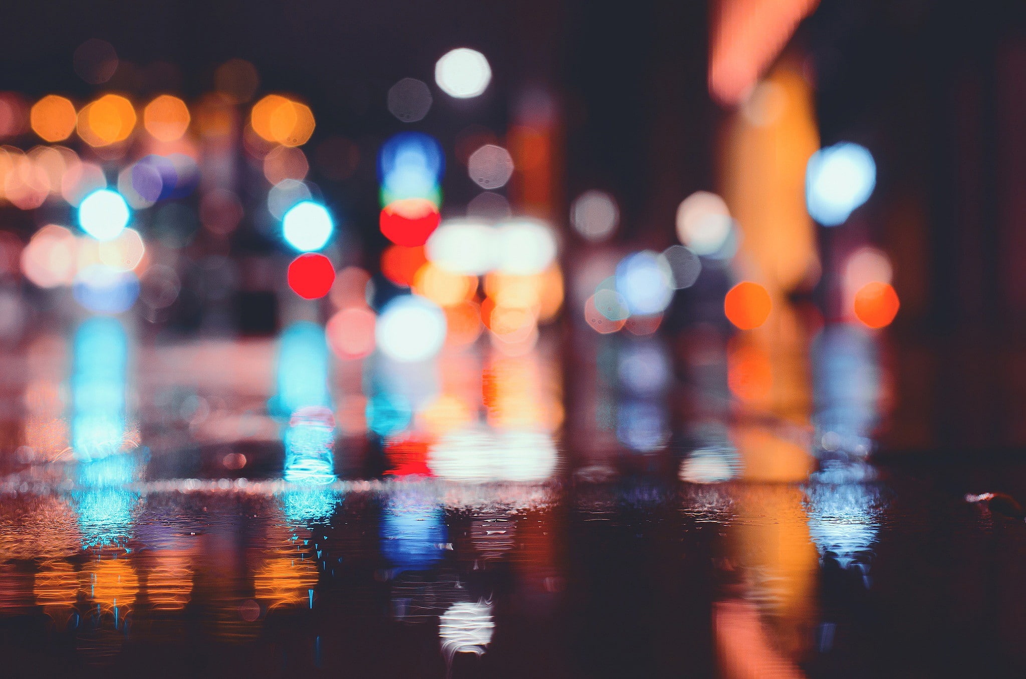 reflection, urban, bokeh, rain, street