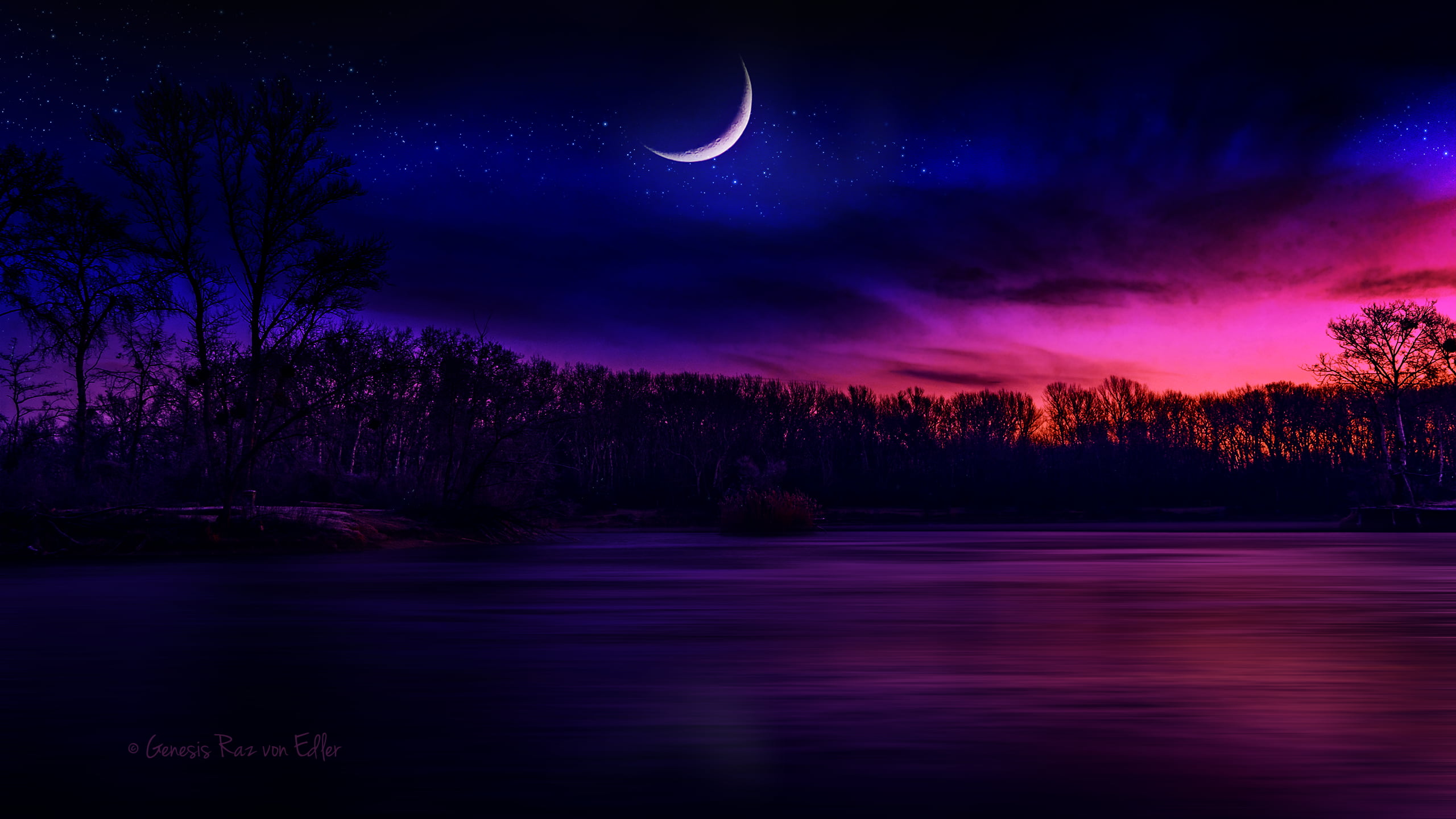 crescent moon illustration, moonlight, nature, digital art, water