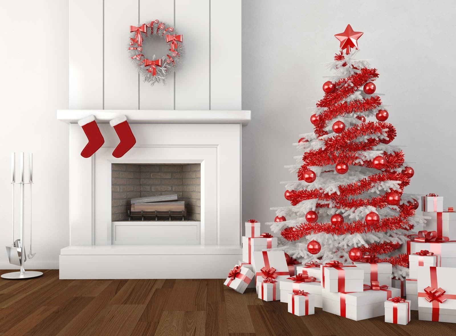 christmas, holiday, tree, fireplace, gifts, mountain, wreath, stockings, white wooden modern style electric fire place