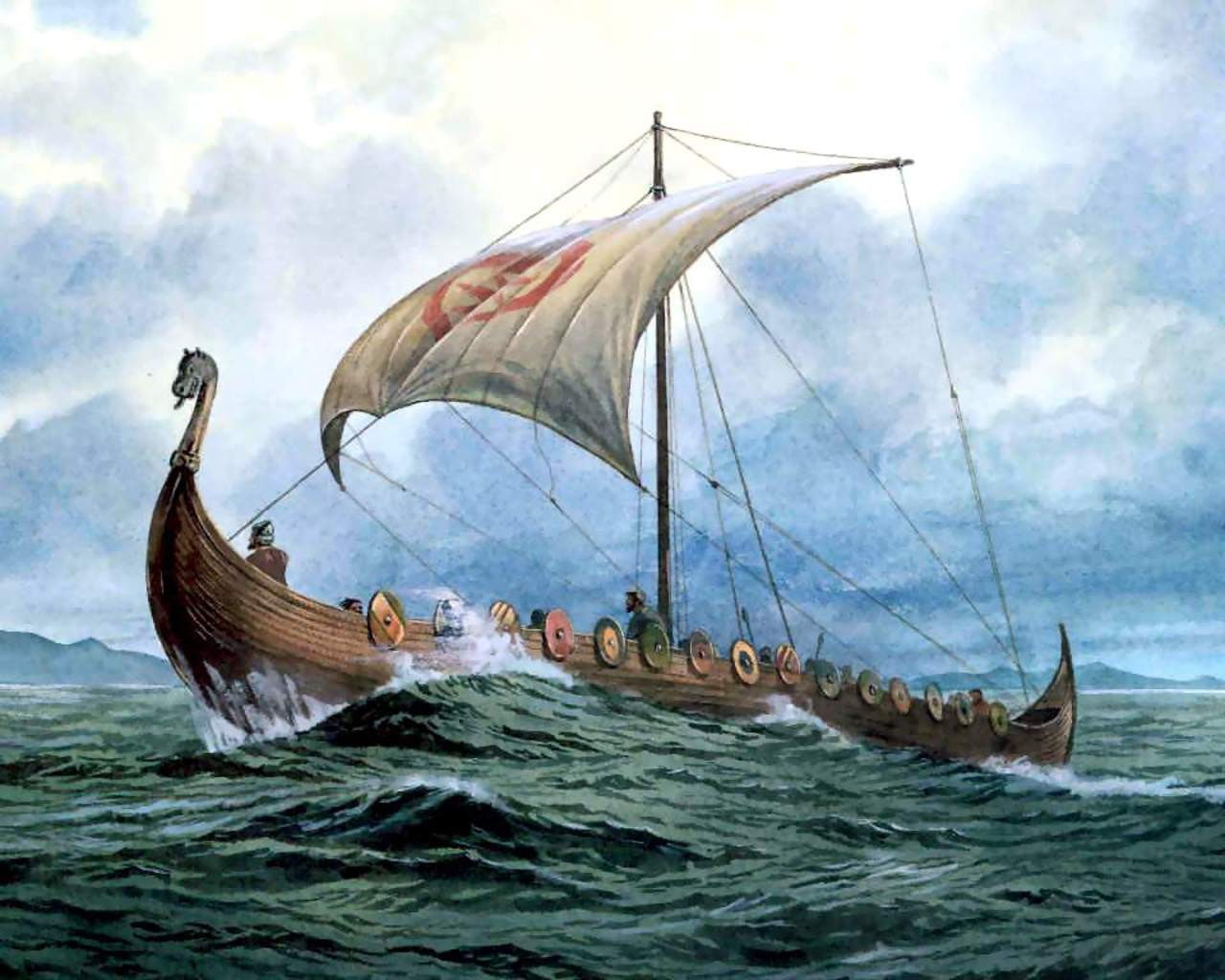 sailing ship, artwork, Vikings, nautical vessel, water, sea