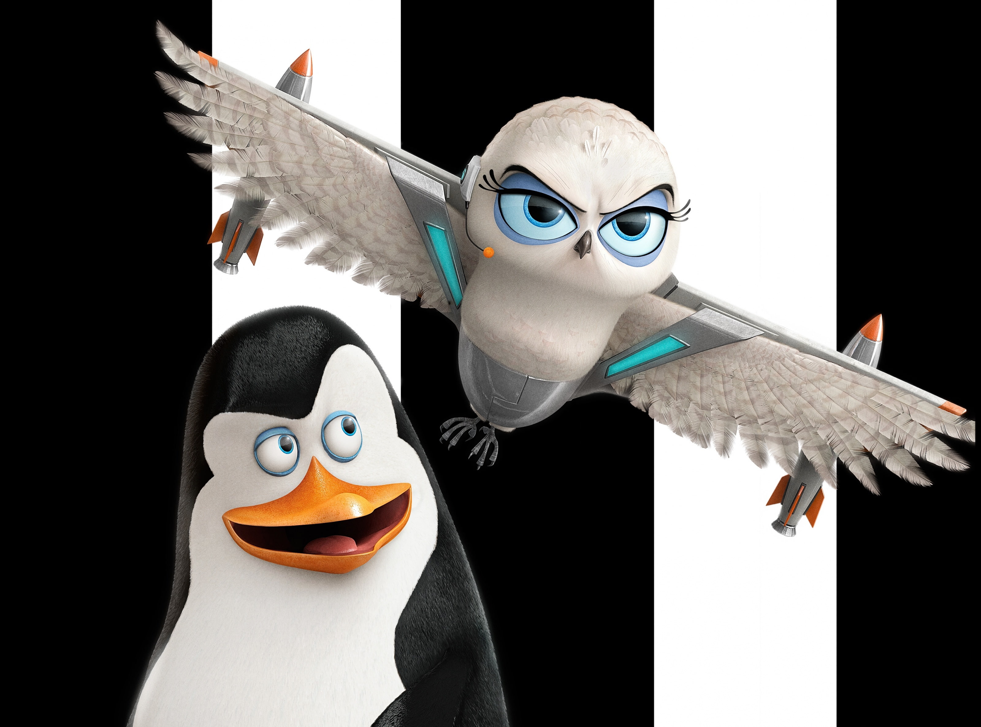 Penguins of Madagascar Kowalski and Eva, penguin and owl characters