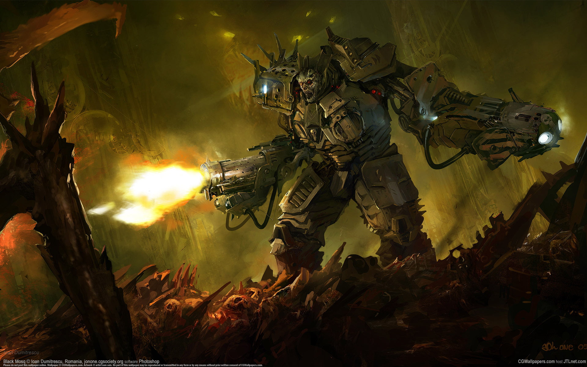 gray robot game wallpaper, fire, warrior, ruins, the exoskeleton