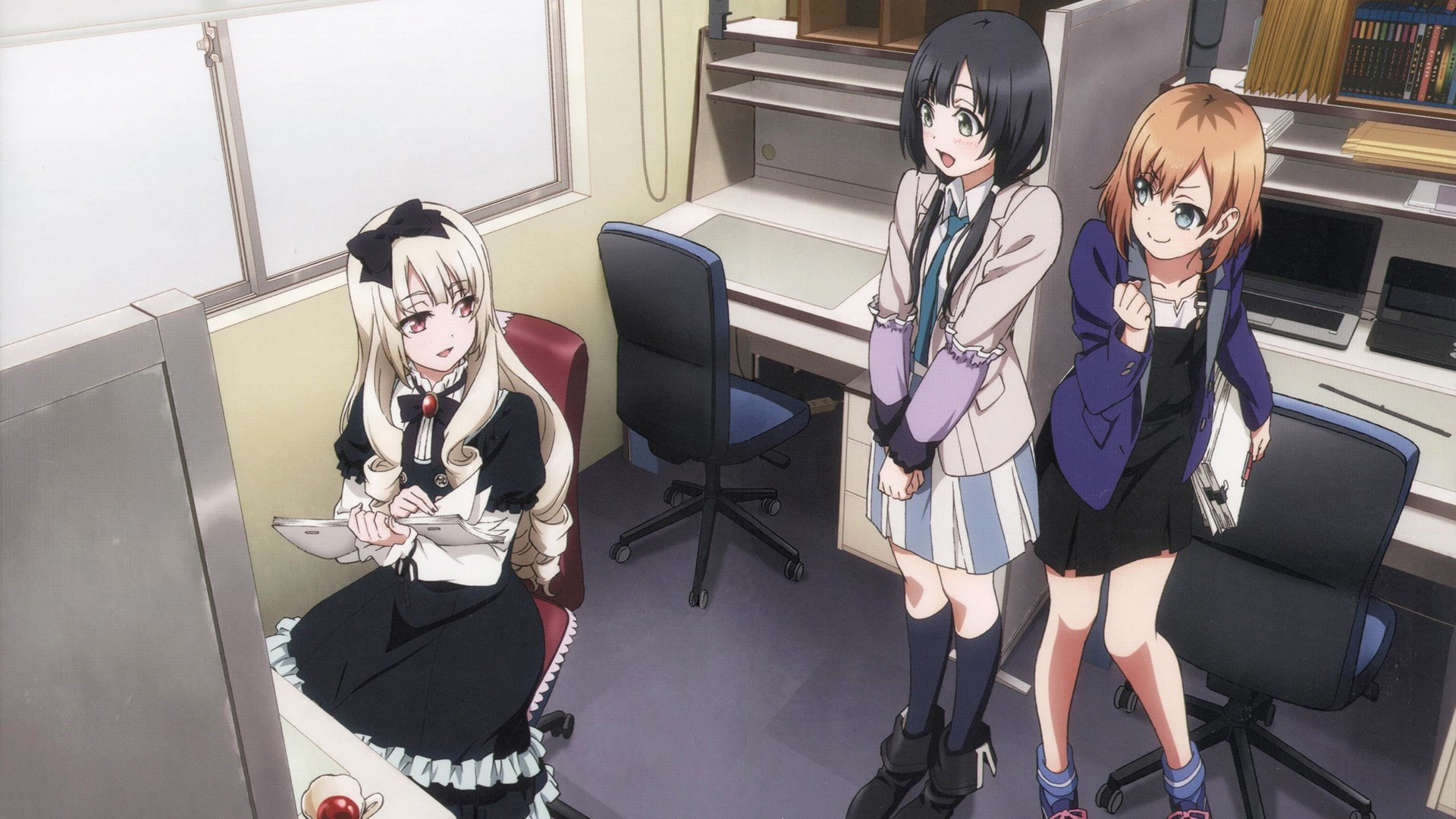Shirobako, anime girls, group of women, miniskirt, long hair
