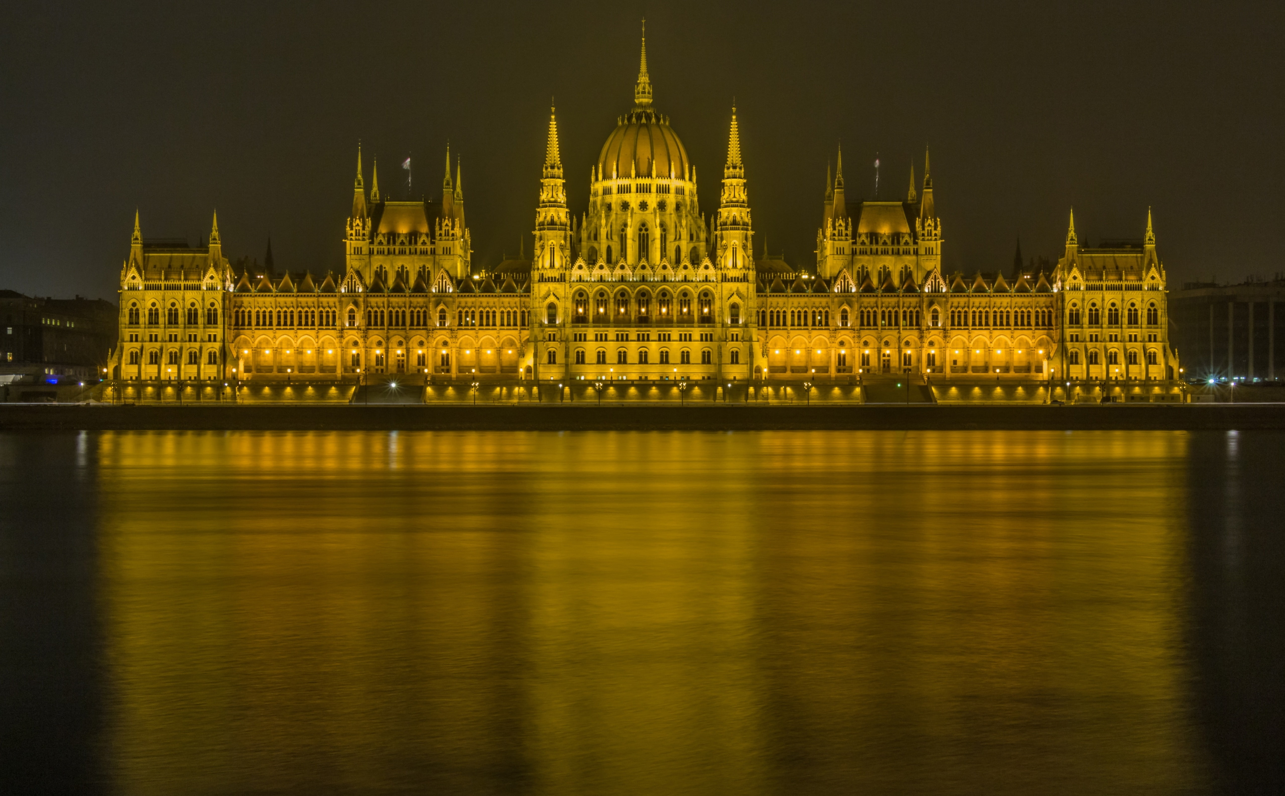 Budapest, brown building, Europe, Hungary, Lights, River, Water