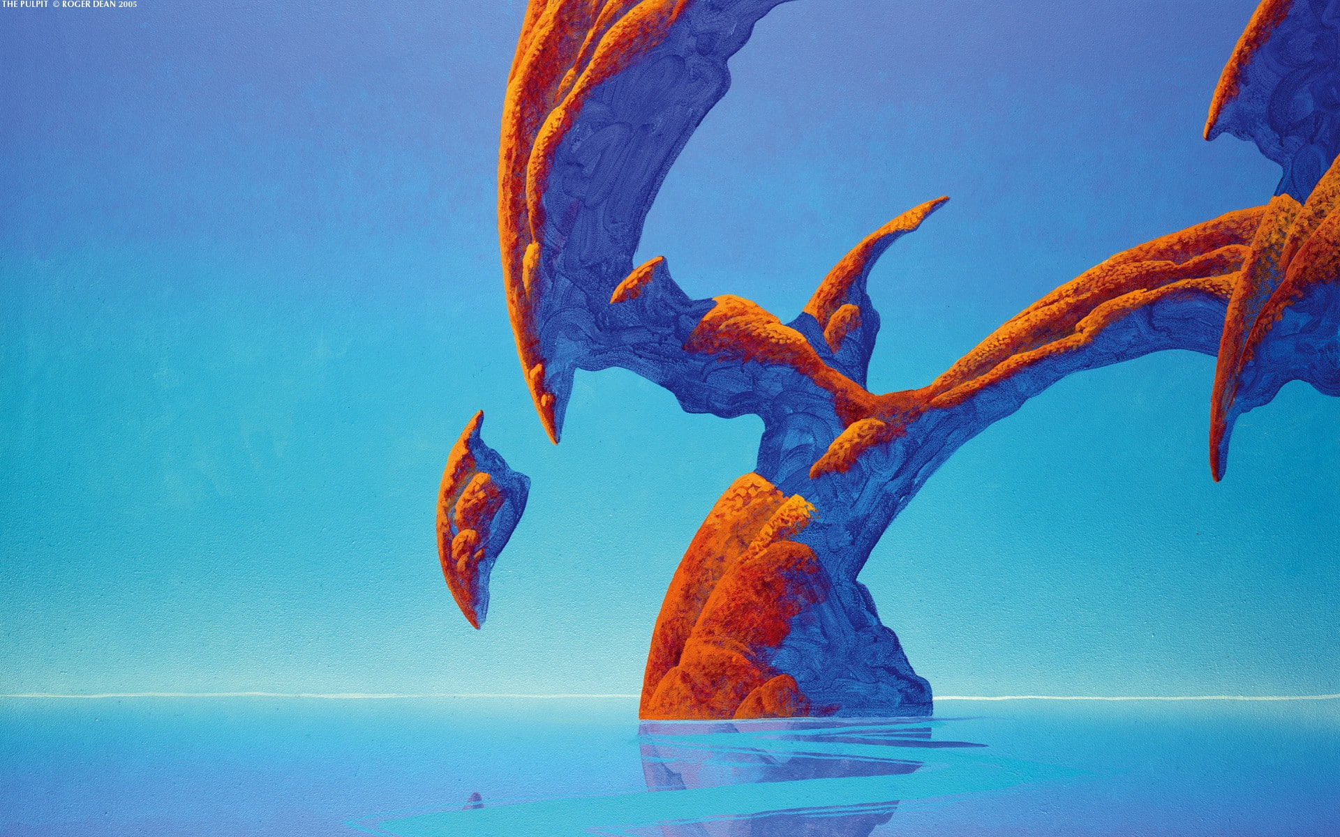 Roger Dean, rock formation, fantasy art, sea, water, blue, nature