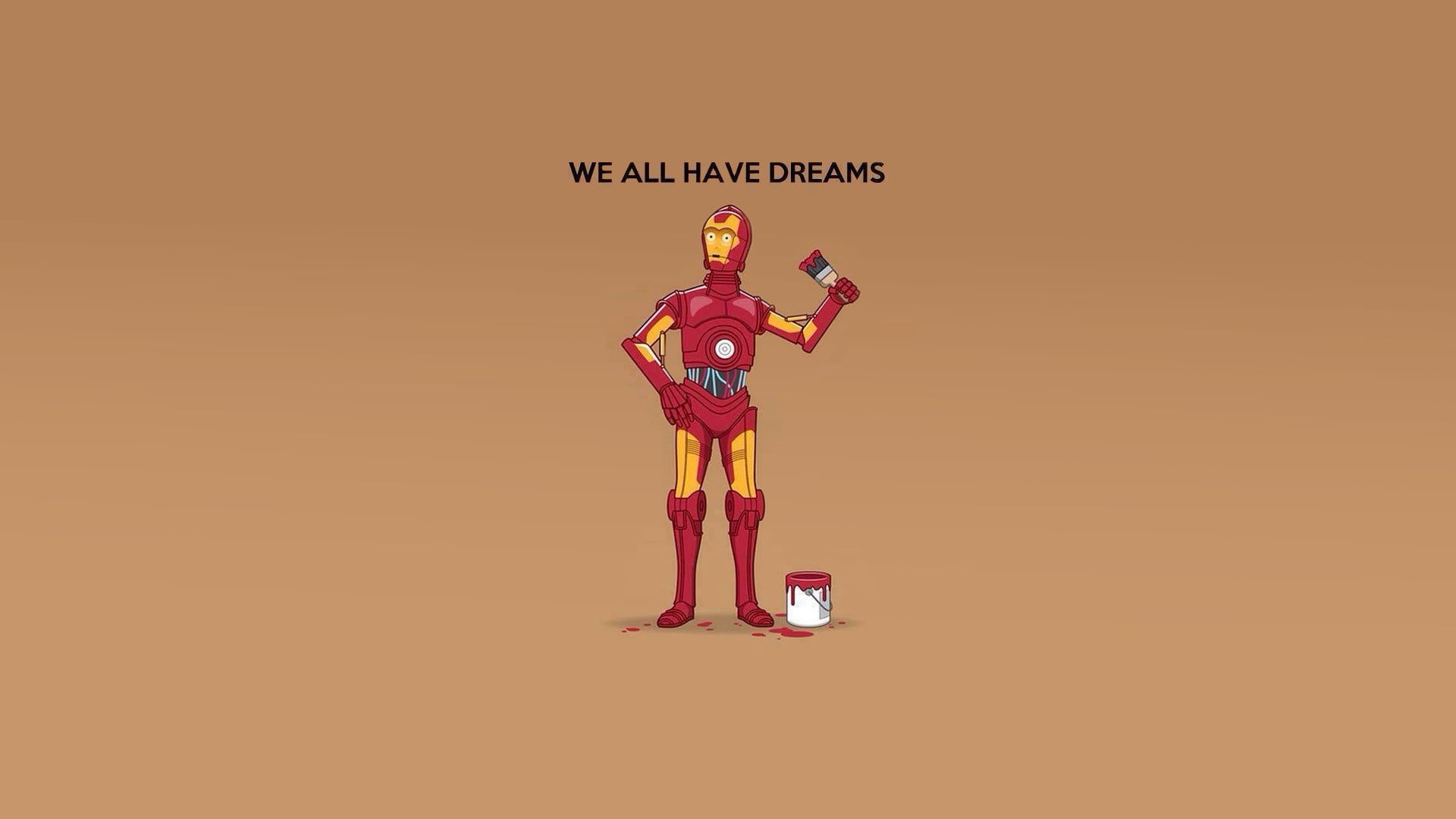 Iron Man illustration with text overlay, humor, Star Wars, C-3PO