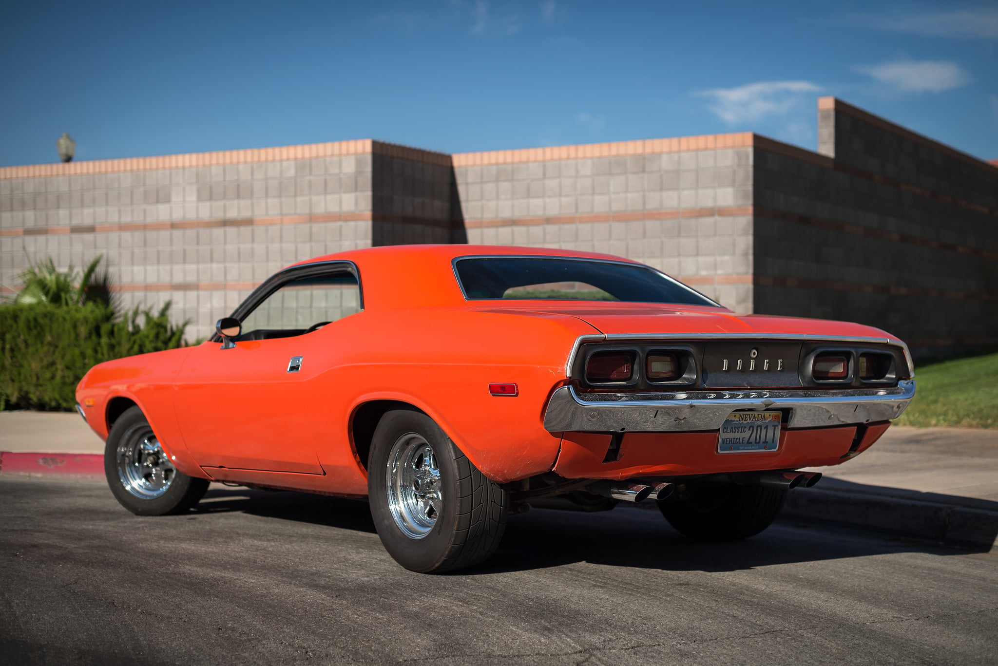 orange muscle car, dodge, challenger, 1974, red, rear view, land Vehicle