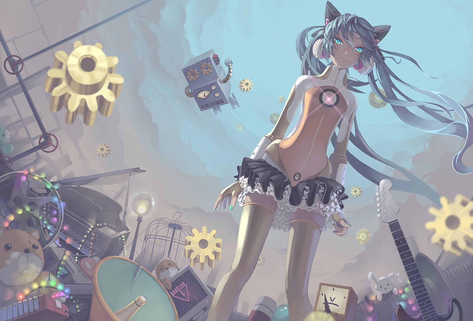 Hatsune Miku, Vocaloid, thigh-highs, representation, low angle view
