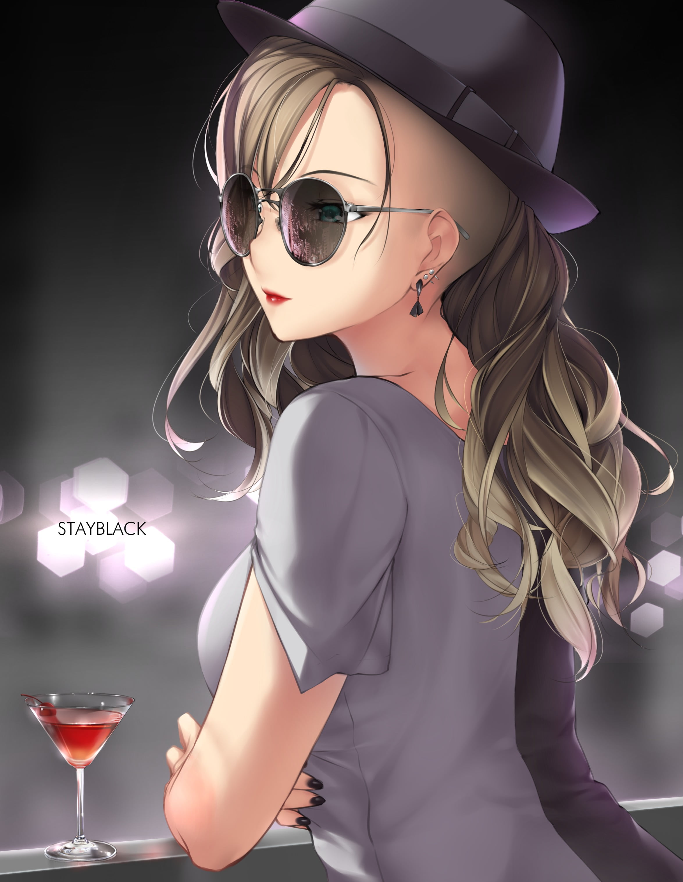 anime, anime girls, hat, glasses, aqua eyes, long hair, drink