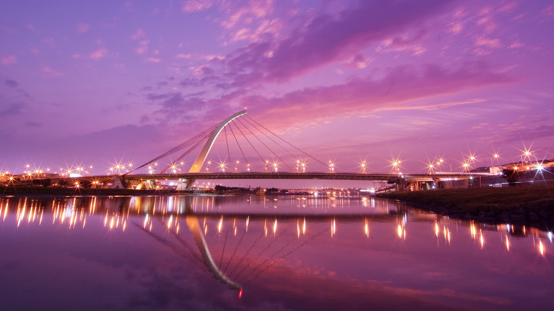 optical illusion of bridge, cityscape, water, reflection, sky