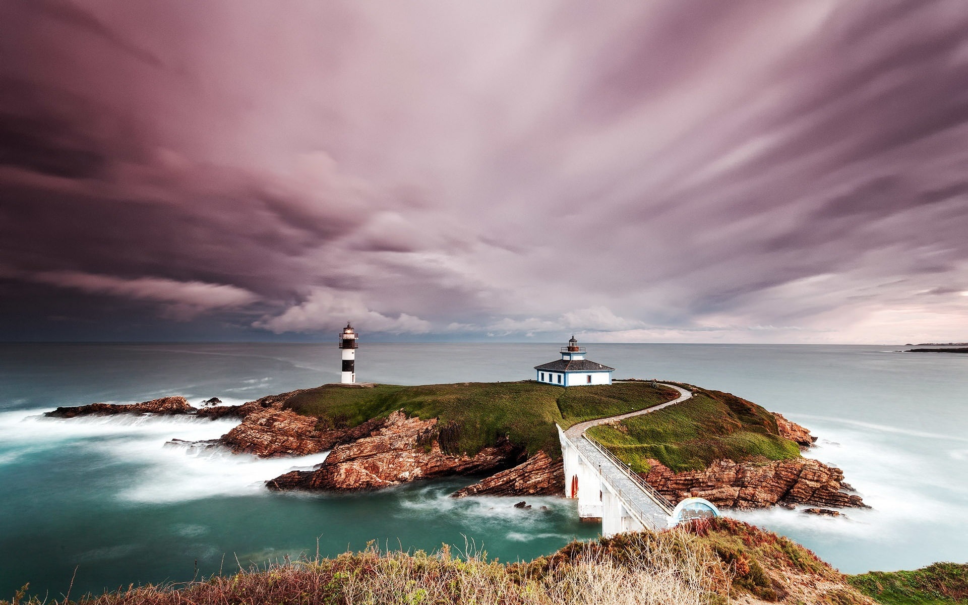Spain, lighthouse, coast, island, sea, clouds, dusk