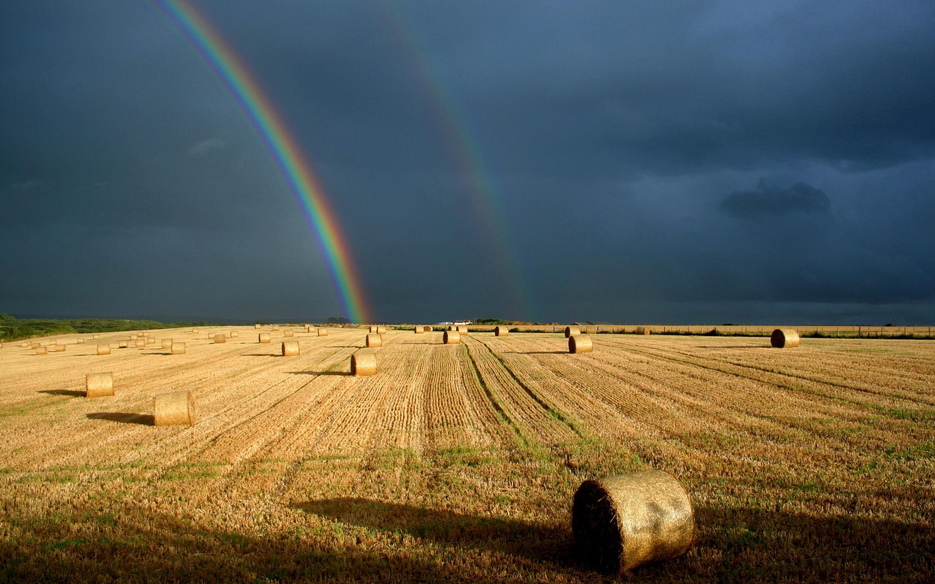 Double Rainbow Over A Hayfield, bronw round hay bales, rainbows