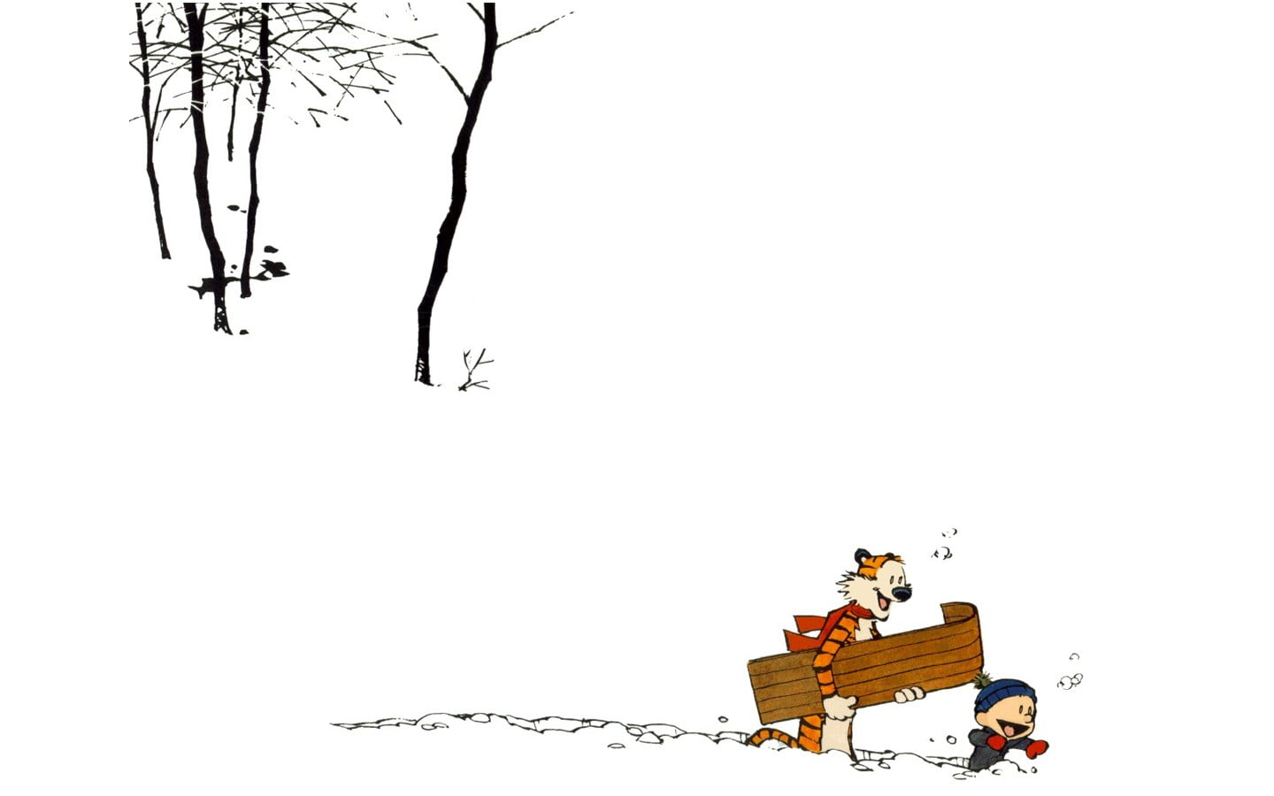child and tiger near trees artwork, Calvin and Hobbes, copy space
