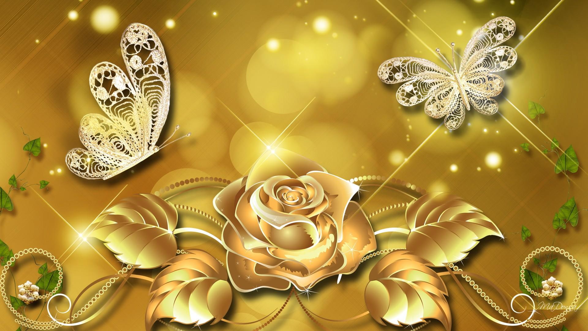 Luxurious Gold, flower and butterfly with yellow background illustration